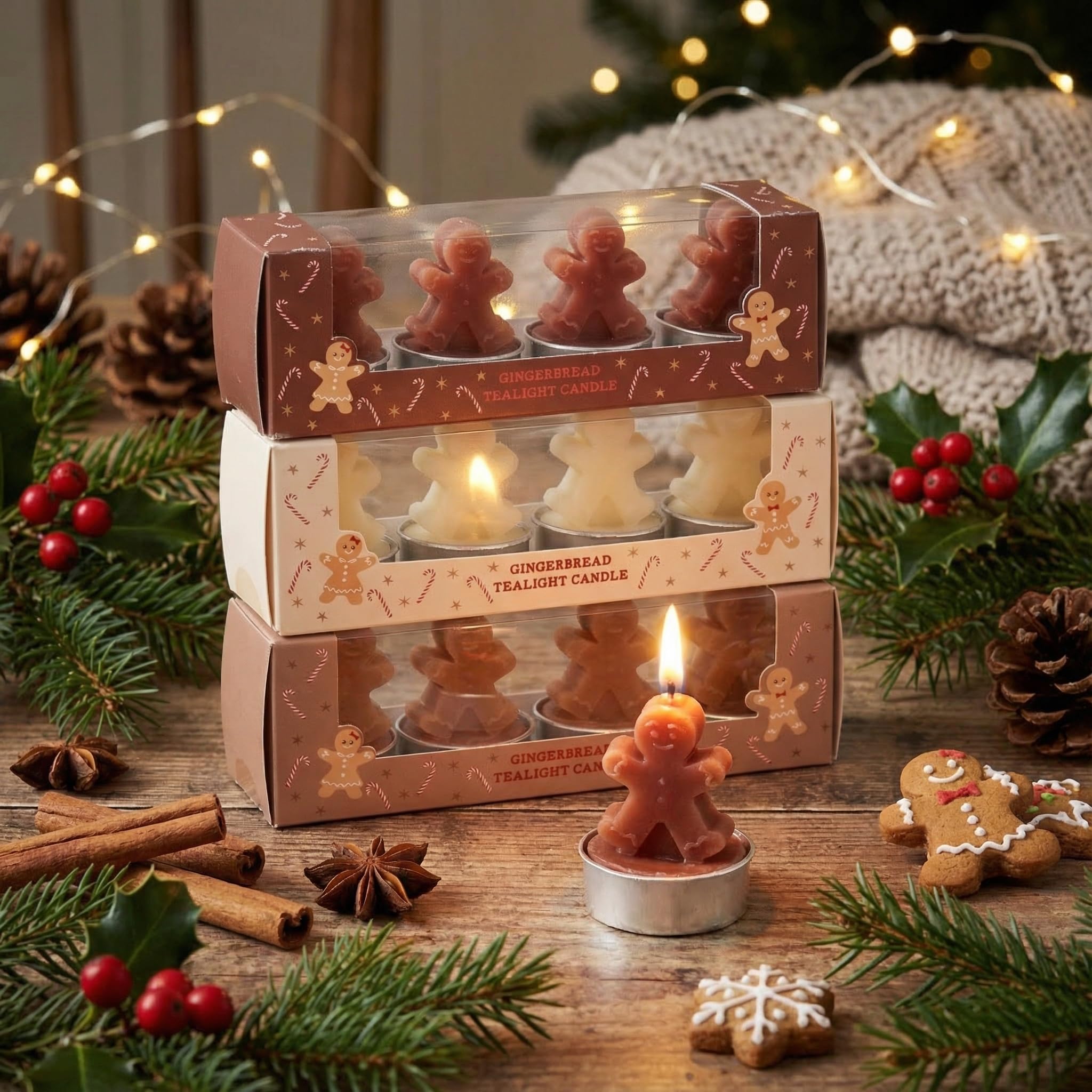 MIJOMA Zestaw świeczek typu tealight – 12 sztuk w zestawie upominkowym – świece dekoracyjne w kształcie piernika – dekoracja bożonarodzeniowa, adwent, dekoracja stołu, pomysł na prezent