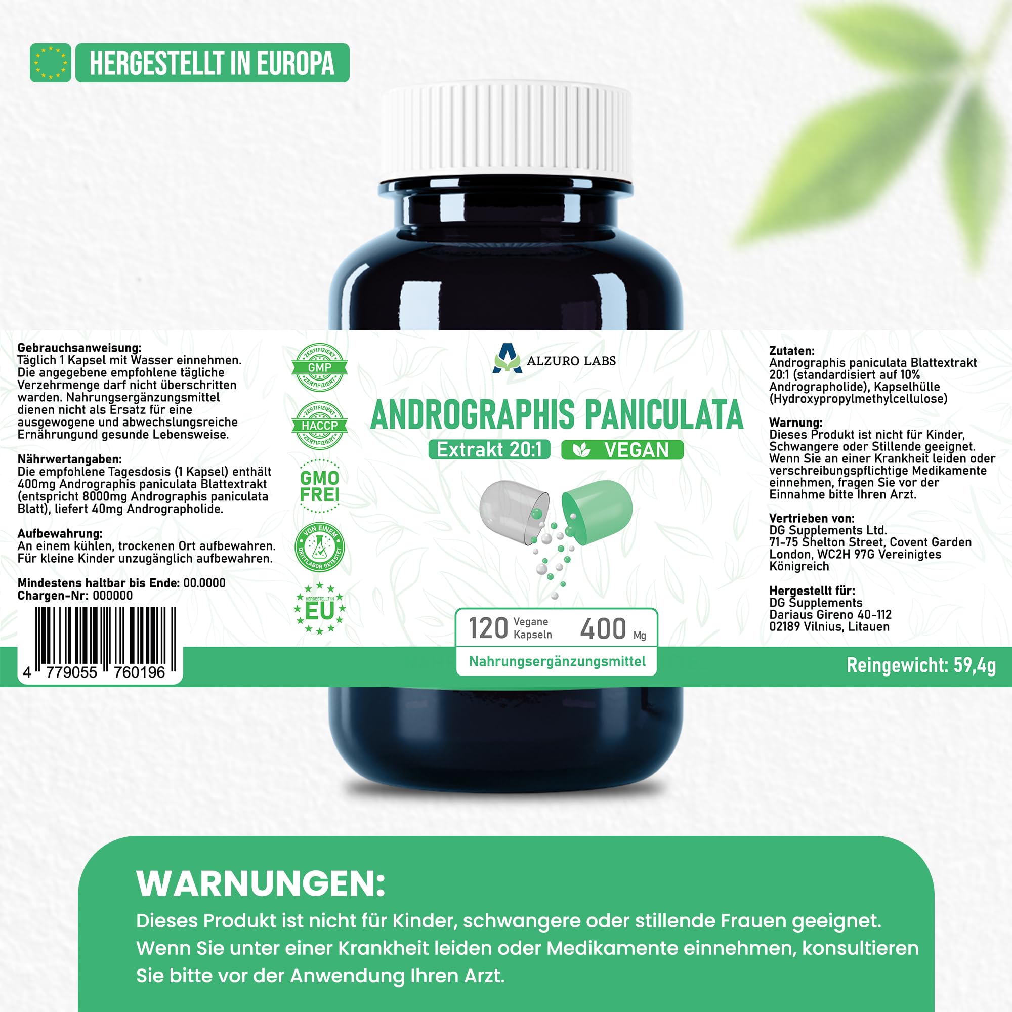 Andrographis paniculata | 8.000 mg Äquivalent | Hochdosiert 400 mg 20:1 Extrakt (10% Andrographolide) | 120 vegane Kapseln | GMP & Laborgeprüft