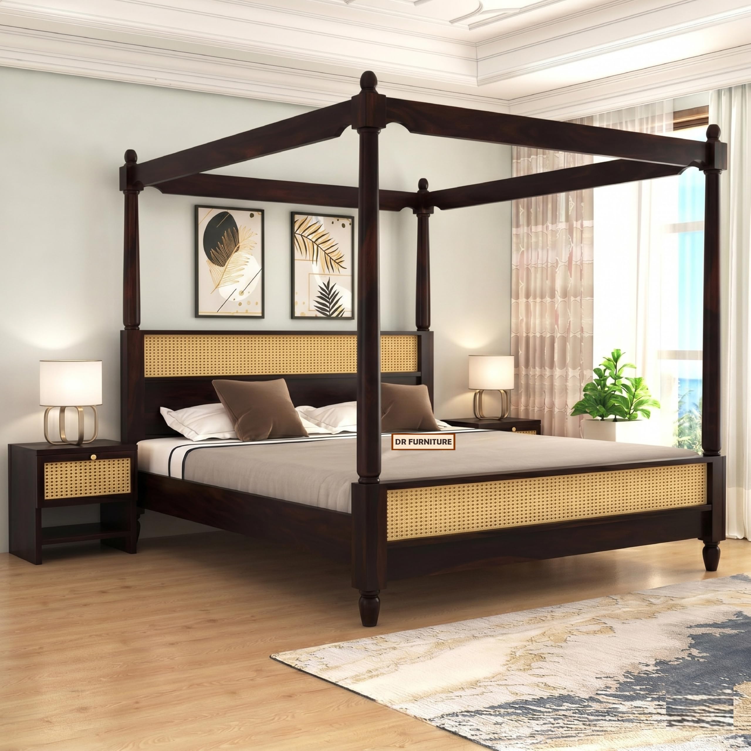 Sheesham Wood Poster Bed King Size | Solid Wood Poster Bed Cot Wooden Double Bed Furniture for Bedroom Home and Hotel | Wooden Palang Divan (Walnut Finish)-image-17
