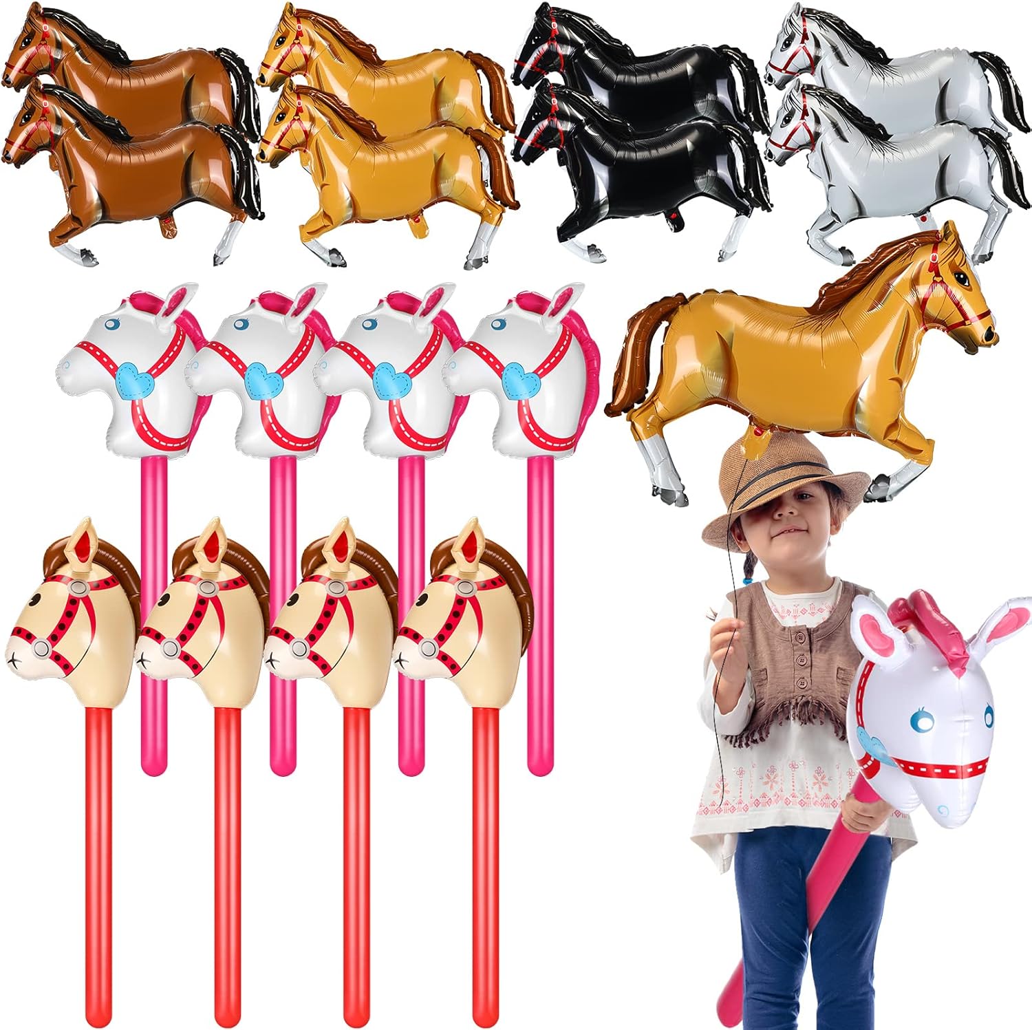 Roshtia 16 Pcs Inflatable Stick Horse and Horse Balloons