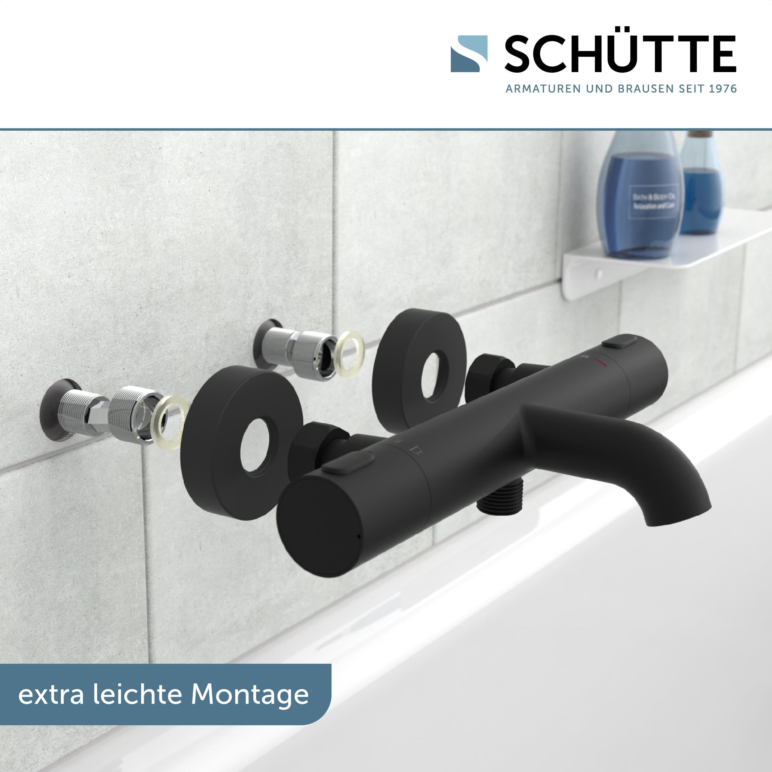 Schütte 33196 Badewannenarmatur Los Angeles mit Thermostat, Wannenarmatur Wannenthermostat mit Verbrühschutz bei 38℃, Mischbatterie Wasserhahn Armatur für Badewanne, Schwarz