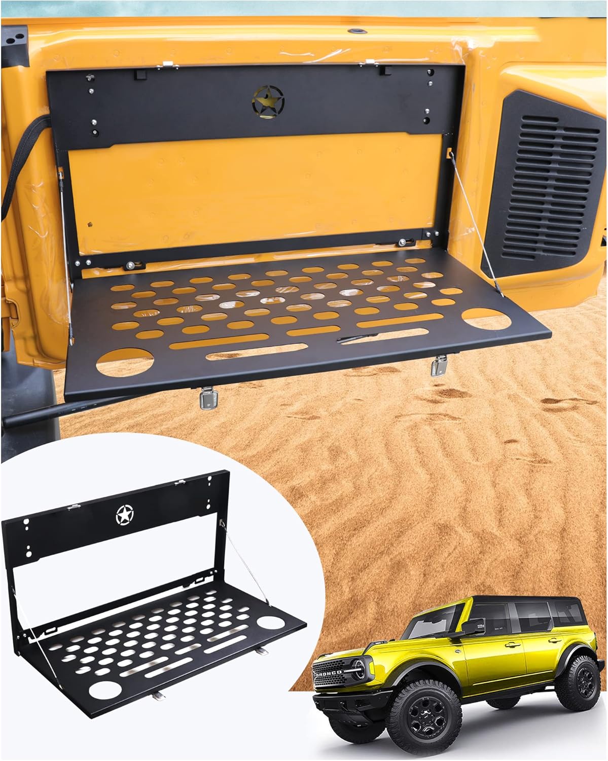 Tailgate Table Foldable for 2021 2022 2023 2024 2025 Ford Bronco Accessirues, Steel Black Rear Foldable Table Cargo Shelf Luggage Holder Carrier,No Drilling