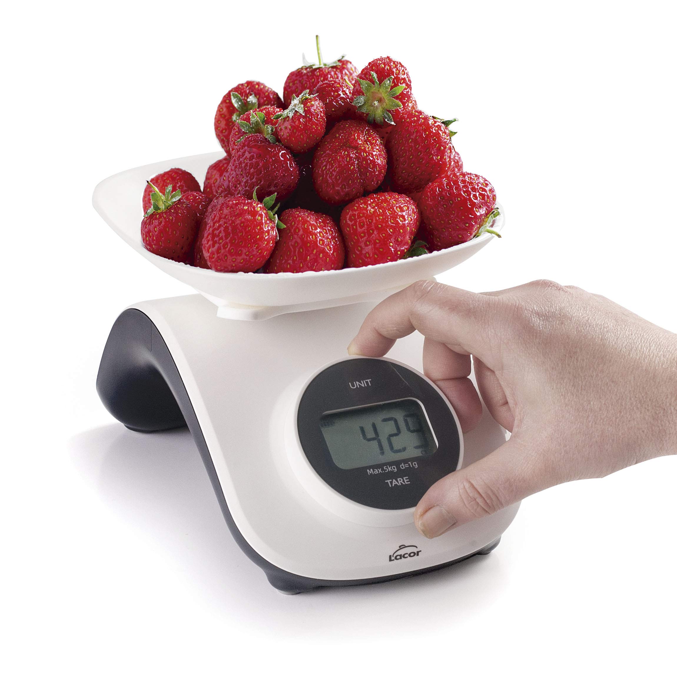 Lacor 61719 - Bilancia da cucina ECO senza batterie e pulsante girevole per generare energia, divisione da 1 g, capacità massima di 5 kg
