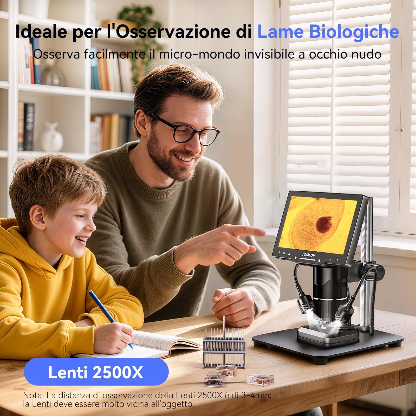 TOMLOV TriL107 Microscopio Digitale a 3 Lenti 7" 2K IPS, 2500X Ingrandimento per Monete e 14 LED, Microscopio di Saldatura con Supporto da 12,6" per Adulti, Compatibile con PC/TV, 64GB