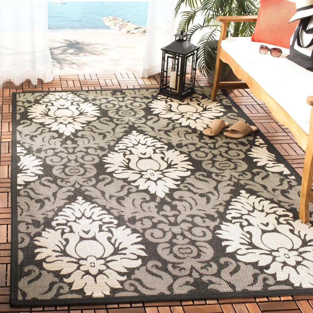 6' x 9' Black Synthetic Damask Area Rug