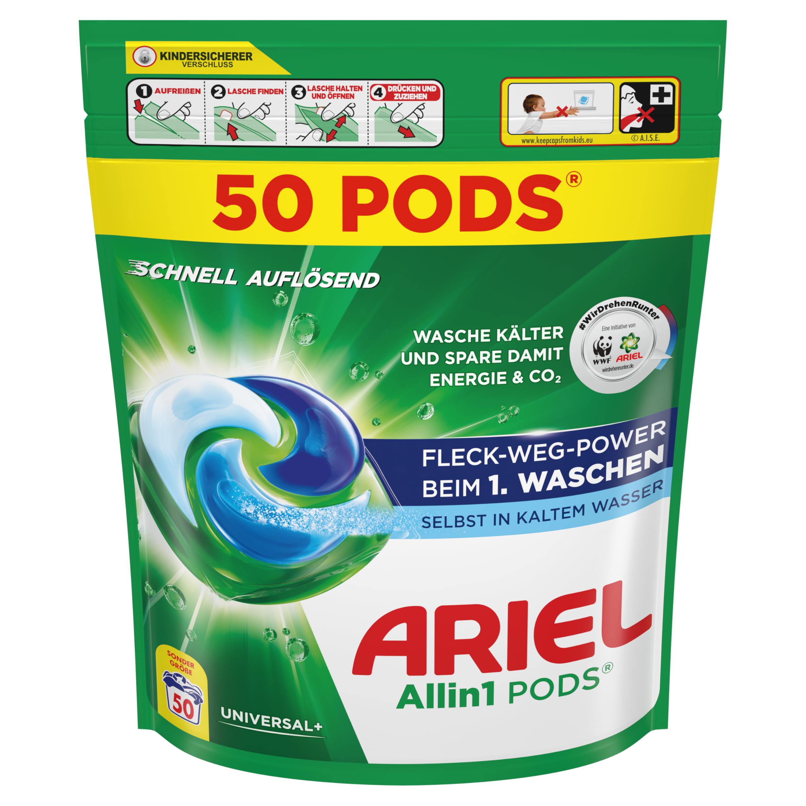 Ariel Allin1 PODS Capsule di detersivo liquido 50 lavaggi, universale+, macchia-way Power dal 1° lavaggio, anche in acqua fredda