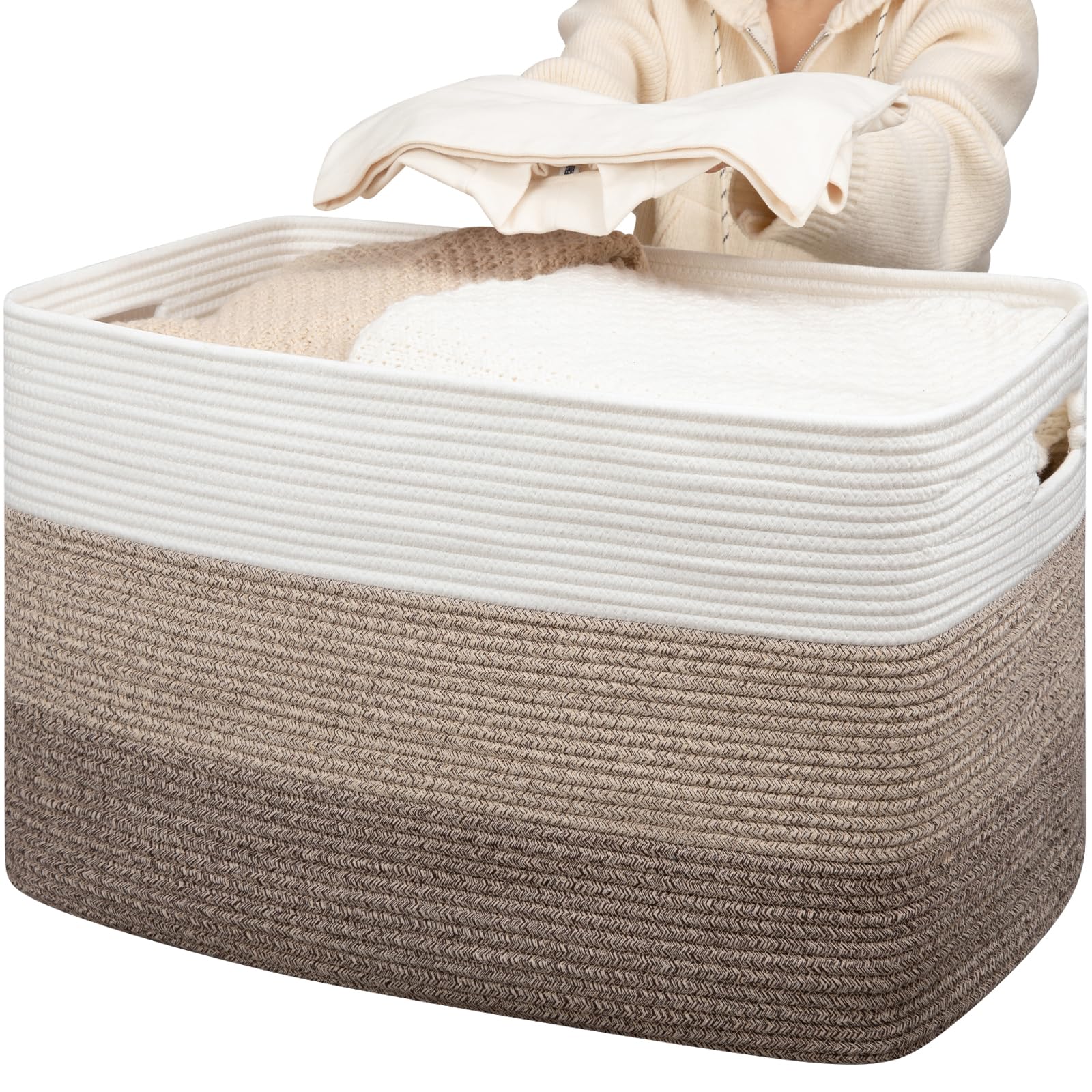 OIAHOMY 118L Extra Large Blanket Basket, Rectangle Woven Cotton Rope Storage Basket,Used for storing Dirty Clothes, Stuffed Animal Toy Storage for Living Room,Kids Room,25