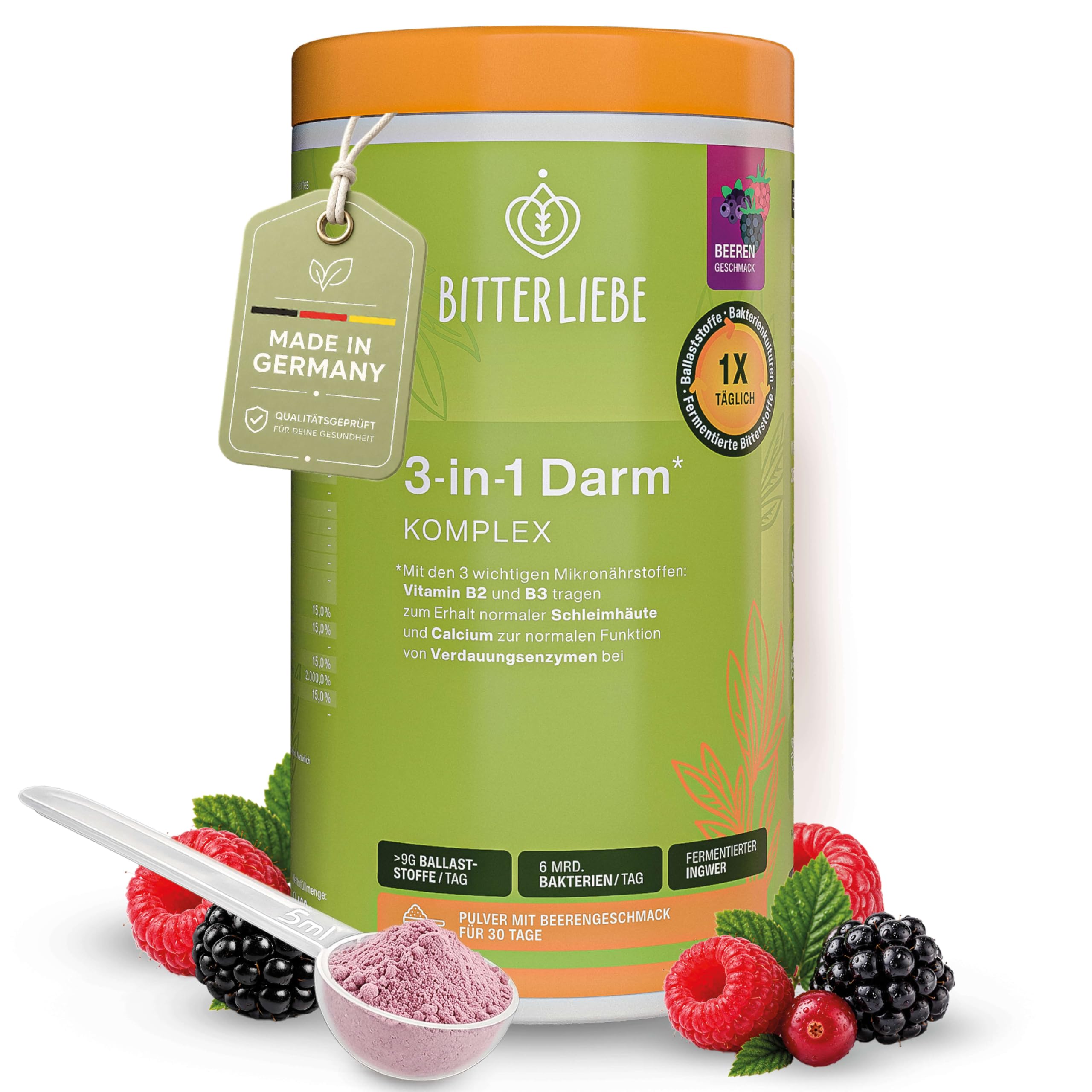 BitterLiebe - 3in1 Darm Komplex - Darmkur Pulver mit 9g Ballaststoffe & 6 Mrd. Darmbakterien - Darmflora aufbauen *, Darmgesundheit * - L Glutamin, Akazienfaser, Inulin und Verdauungsenzyme