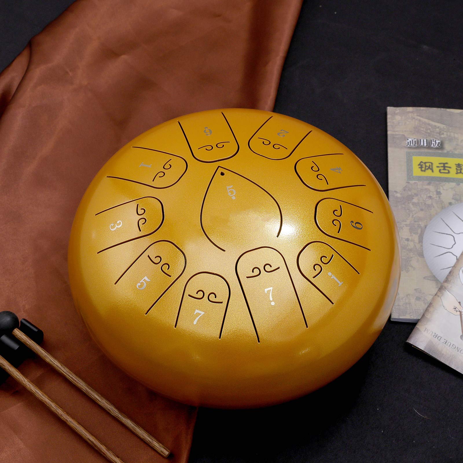 Handpan Drum, 12-calowy stalowy bęben dla dzieci dorosłych, 11 notatek, bęben na instrumenty perkusyjne z gumowymi młotkami, wyściełana torba podróżna dla dzieci i nastolatków, złoto