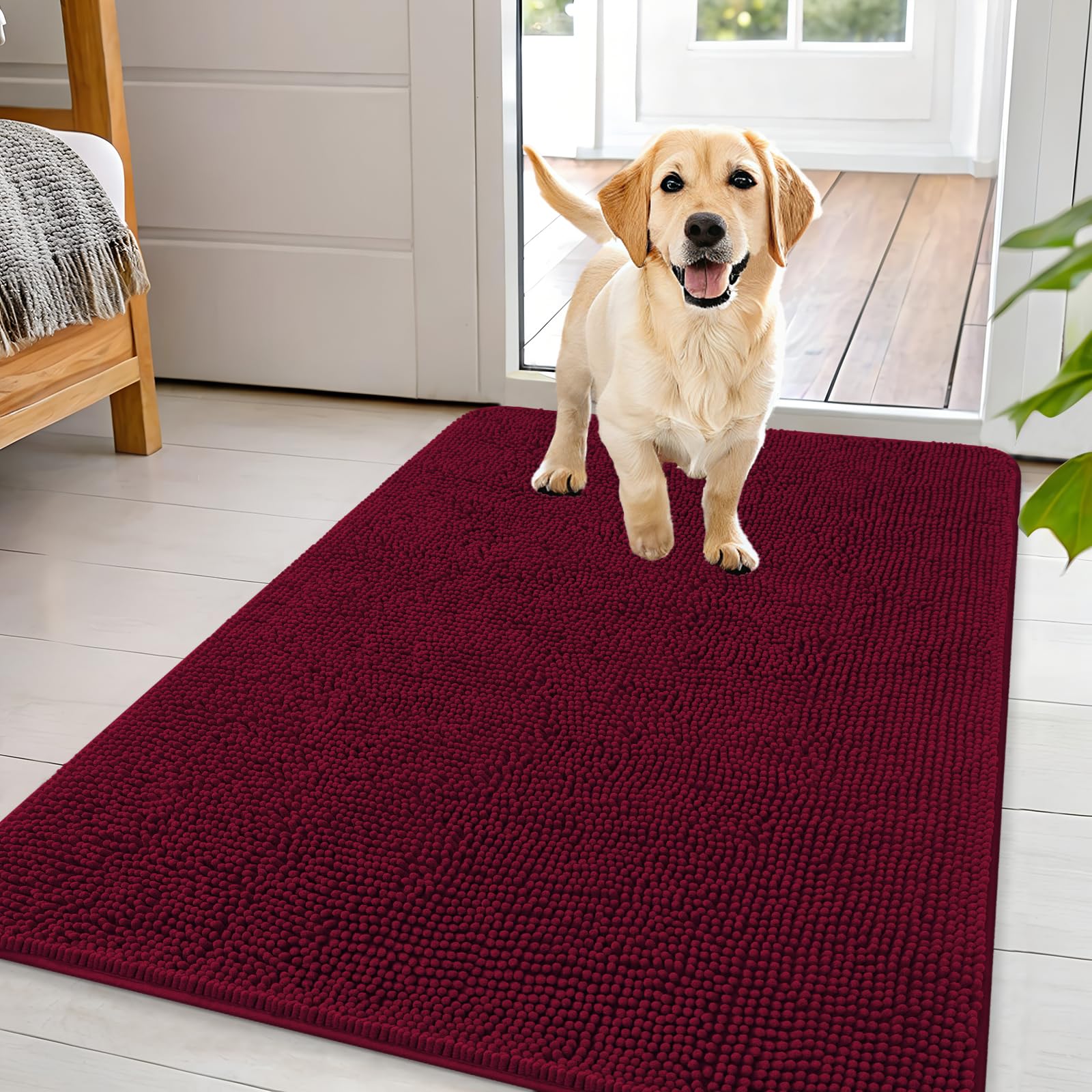 OLANLY Dog Door Mat for Muddy Paws 44x32, Absorbs Moisture and Dirt, Absorbent Non-Slip Washable Doormat, Quick Dry Chenille Mud Mat for Dogs, Entry Indoor Entryway Carpet for Inside Floor, Burgundy โ image 1