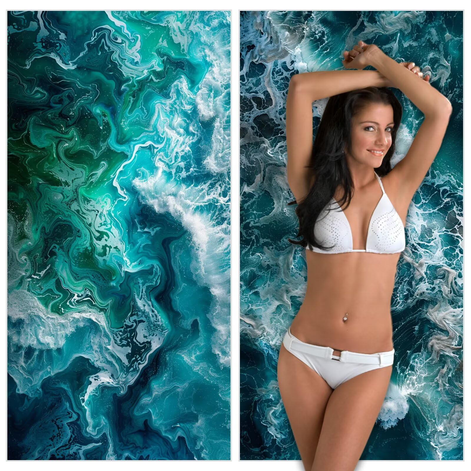 XXL Strandtuch 2er Set 100x220cm Türkis Mikrofaser Handtuch Weiches & Leichtes, Schnelltrocknend & Sandfrei, für Strand，Schwimmbad，Badetuch Groß，Reisehandtuch (Wellen) YJ-732