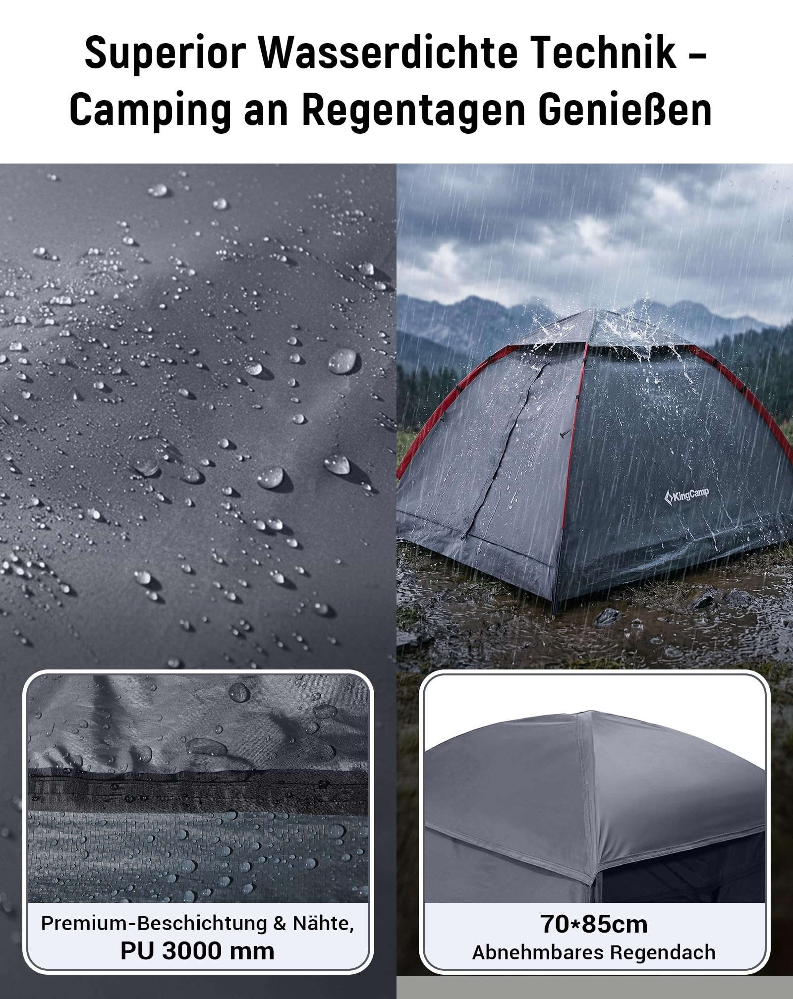 KingCamp 2-3 Personen Zelt Wasserdicht 3000mm Ultraleicht Camping Zelt mit Übergroßer Regenkappe & Reflektierenden Seilen -Kuppelzelte für Festival,Wochenend-Camping, Reisen - 210x180x130cm