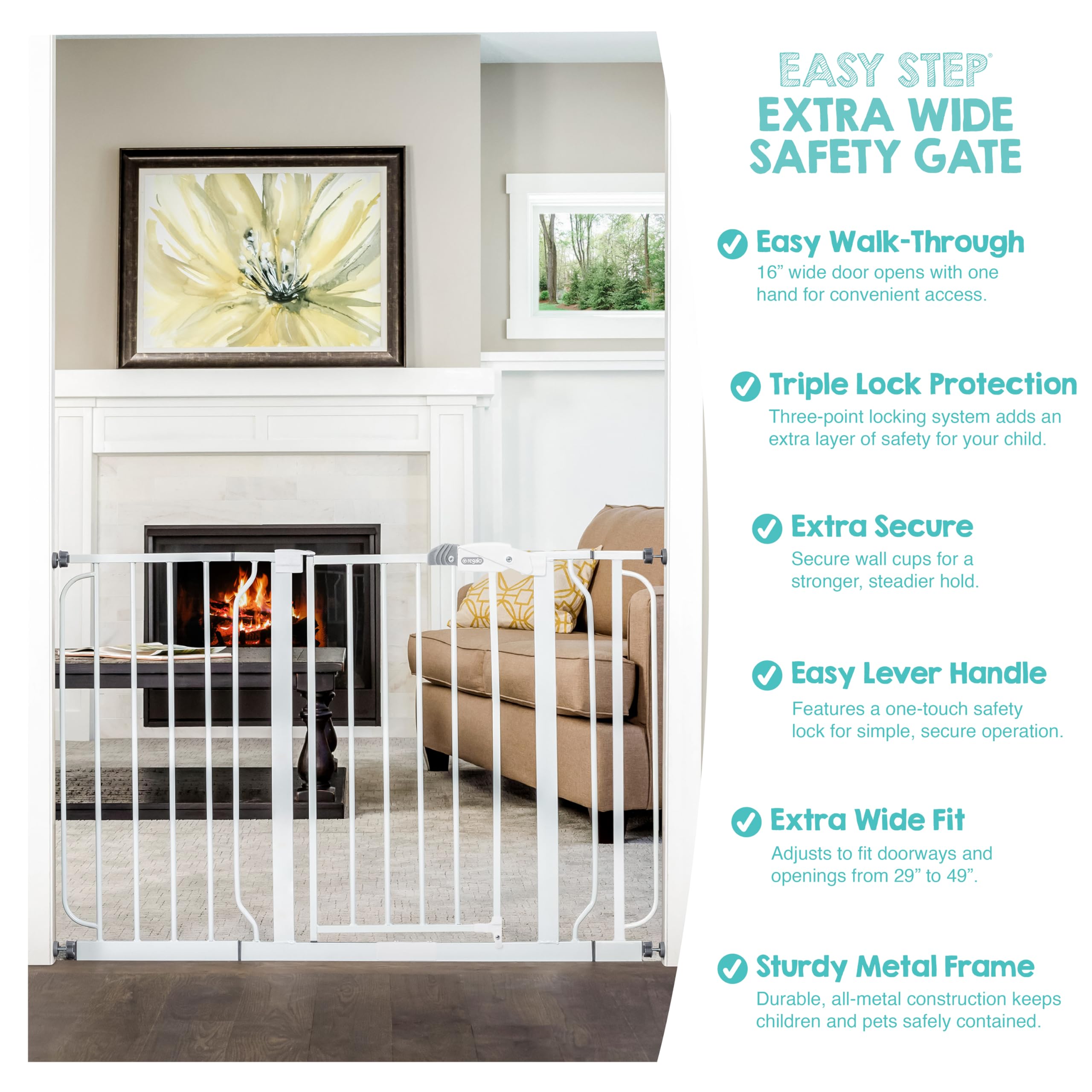 Regalo Safety Extra Wide Baby Gate for Doorways & Bottom of Stairs, Fits Openings 73.6-122cm (Extensions Included) Pressure Mounted for Babies, Toddlers & Pets, White