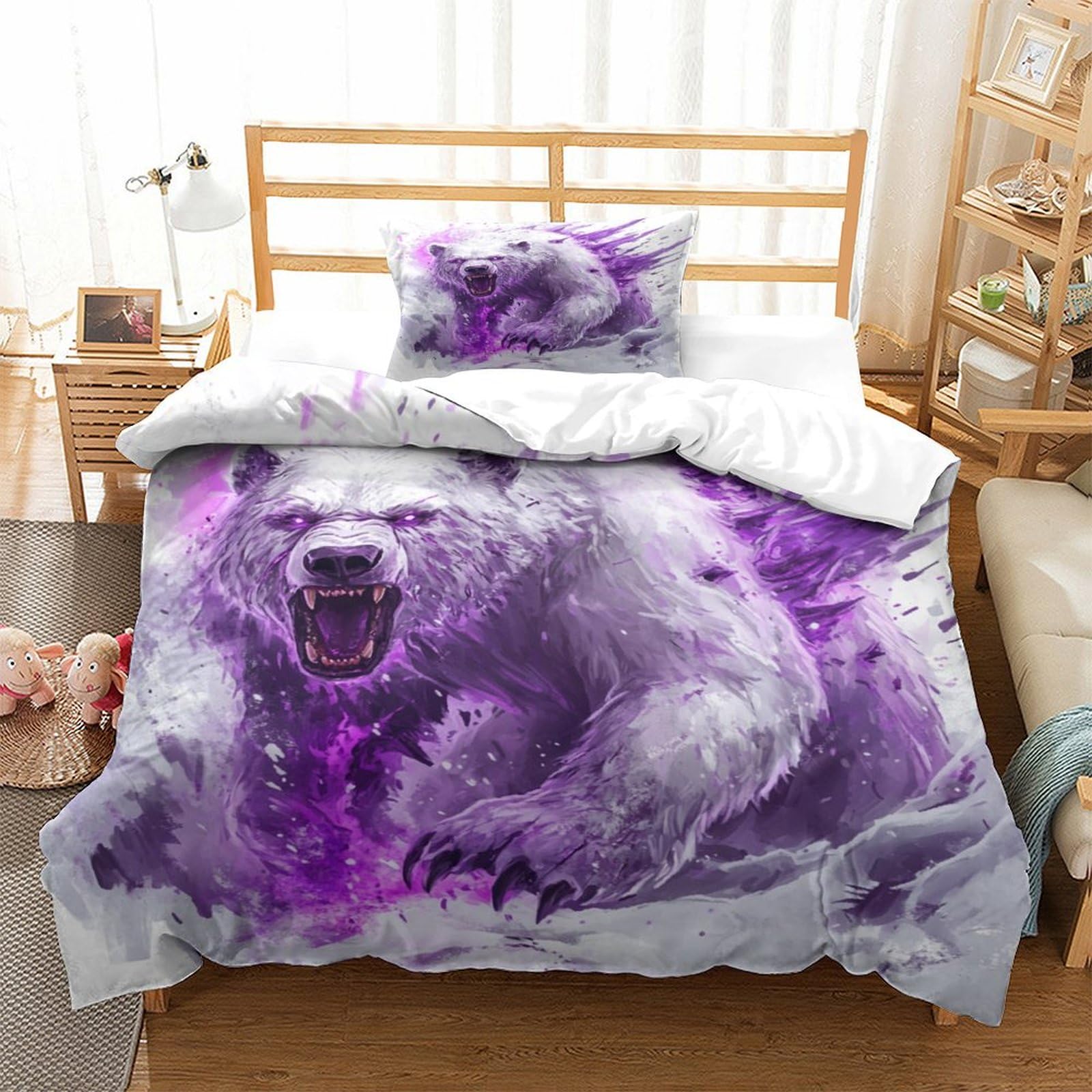 P1s9u7w5y Bear Dynamic Purple 3D Printed Duvet Cover Set 3Pcs Microfiber Wild Animal Bedding Set Single（135X200cm）