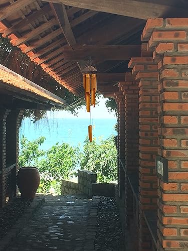 Miniatura 6 de Campanas de viento hechas a mano, 5 tubos de campana de bambú, parte superior de madera de coco, campanillas de madera de tono bajo y profundo para