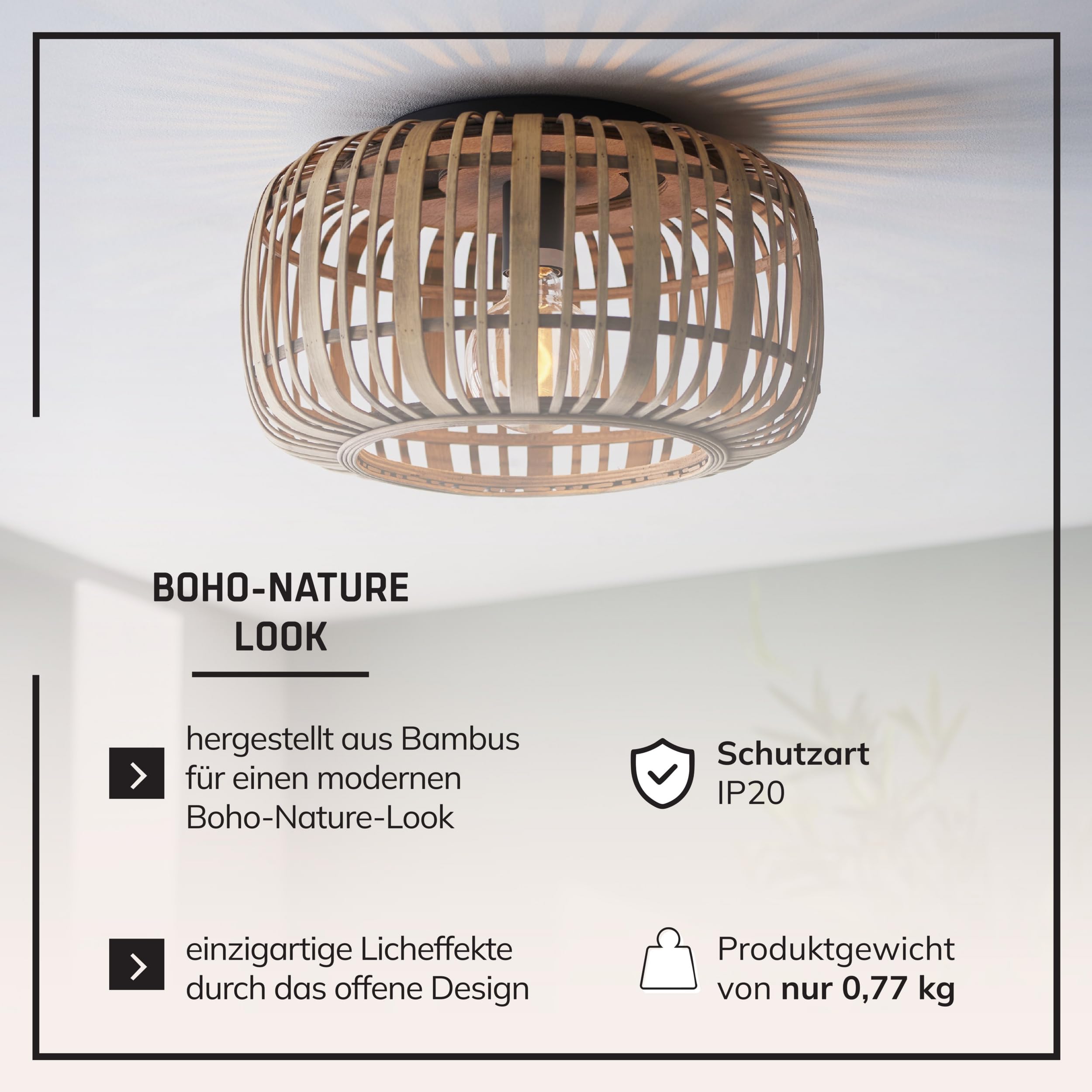 Lightbox Bambus Deckenlampe rund Ø 32 cm, Boho-Stil, E27 Lampe | Natürliche Deckenleuchte fürs Wohnzimmer, Schlafzimmer und den Flur, dekorative Leuchte aus Naturmaterial