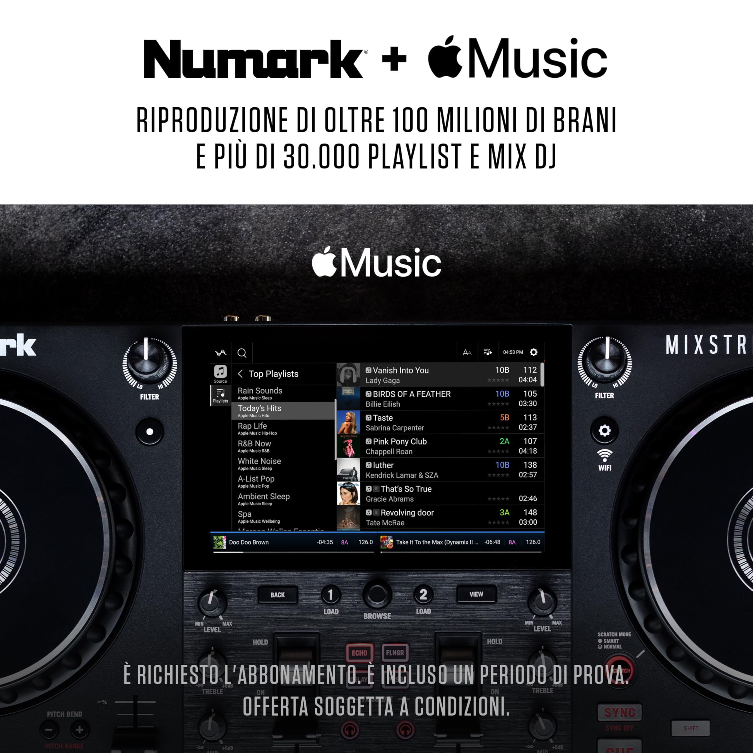 Numark Mixstream Pro+ DJ Controller z separacją stem, 2 deck, Wi-Fi, 7" touchscreen, Serato & Virtual DJ