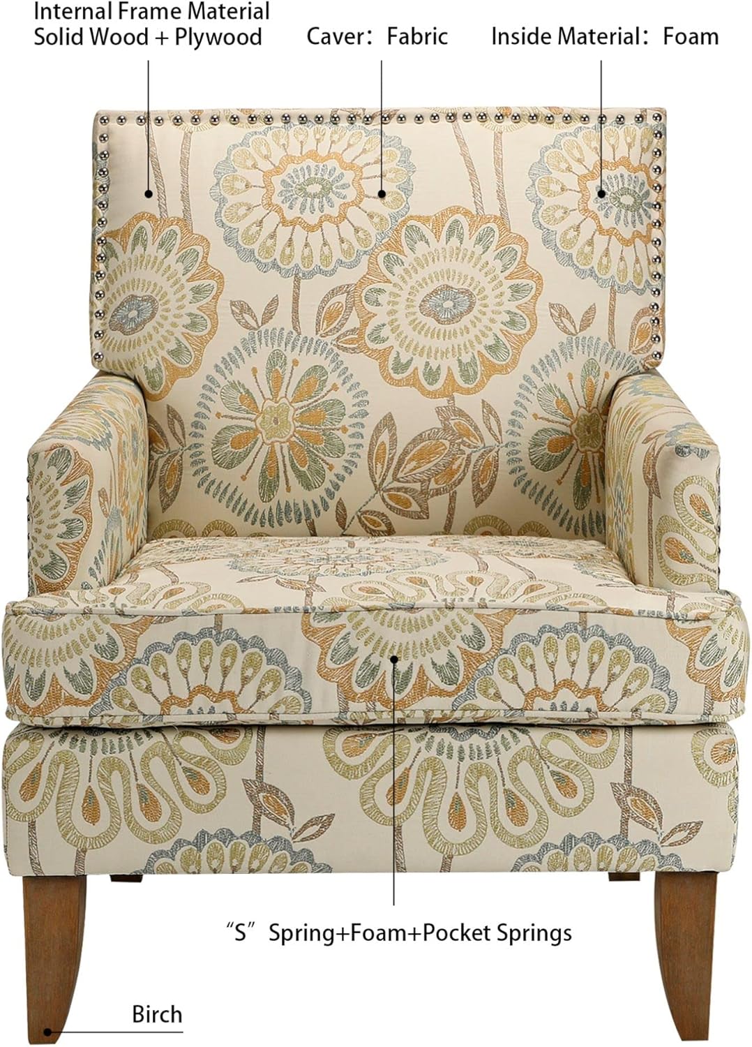 Modern Wingback Accent Club Chair with Floral Fabric Upholstery, Comfortable Reading Chair for Living Room & Bedroom, Single Seater Sofa with Cushion (Yellow pattern)
