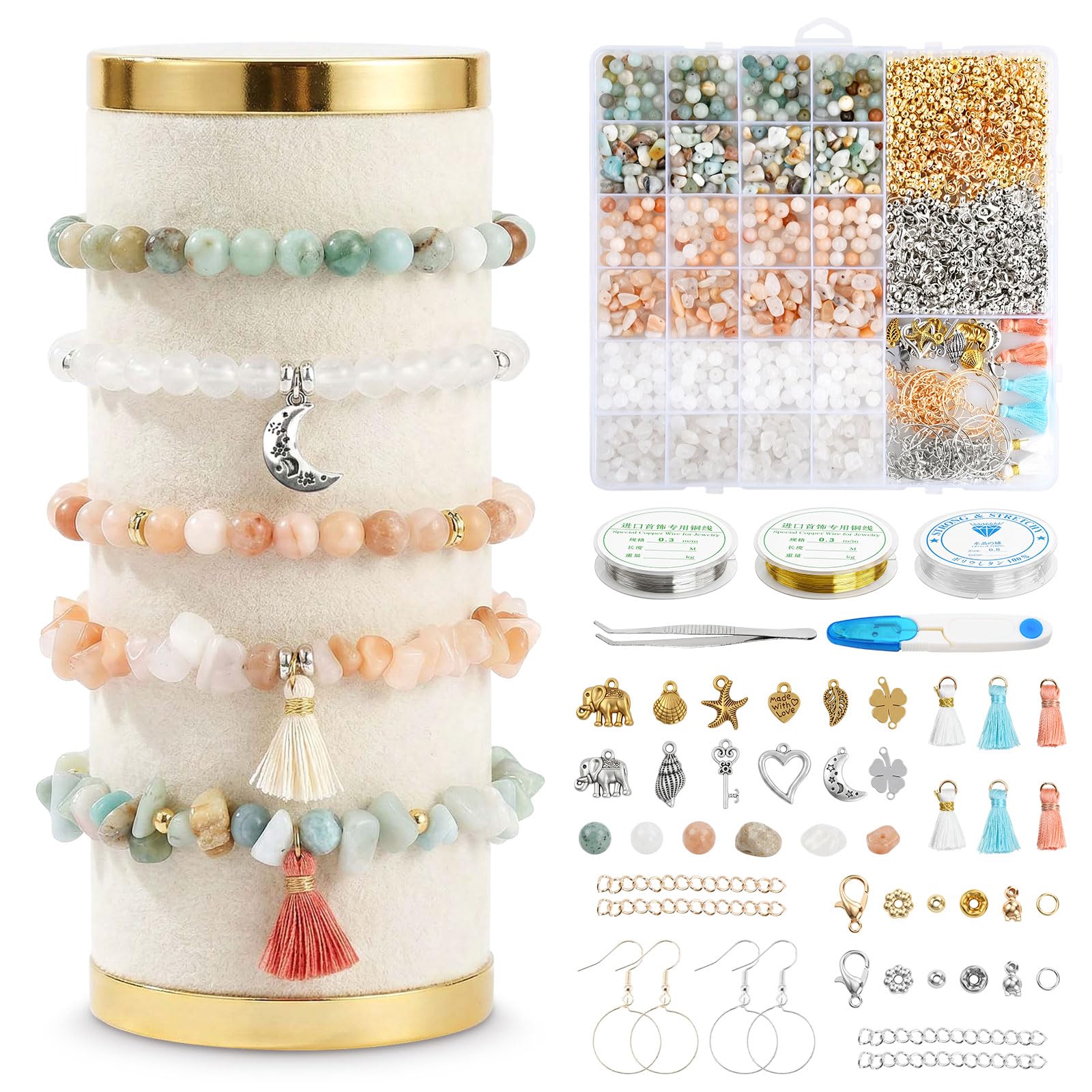 Perline per Braccialetti Naturali, 780 pcs Pietre Preziose da 6mm, Kit DIY per Creazione di Gioielli, Collane, Orecchini e Braccialetti, Set Completo con Accessori