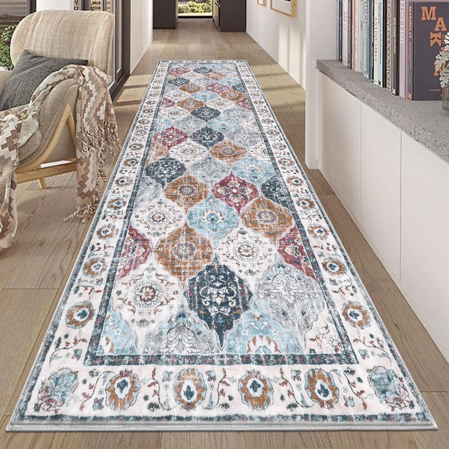 HEBE Hallway Runner Rug 2'8"x8' Washable Vintage Distressed Area Rugs Non Slip Laundry Rug Runner Boho Floor Carpet Runners for Hallways Entryway Laundry Room Kitchen Bathroom Grey/Coffee 2'8" x 8'