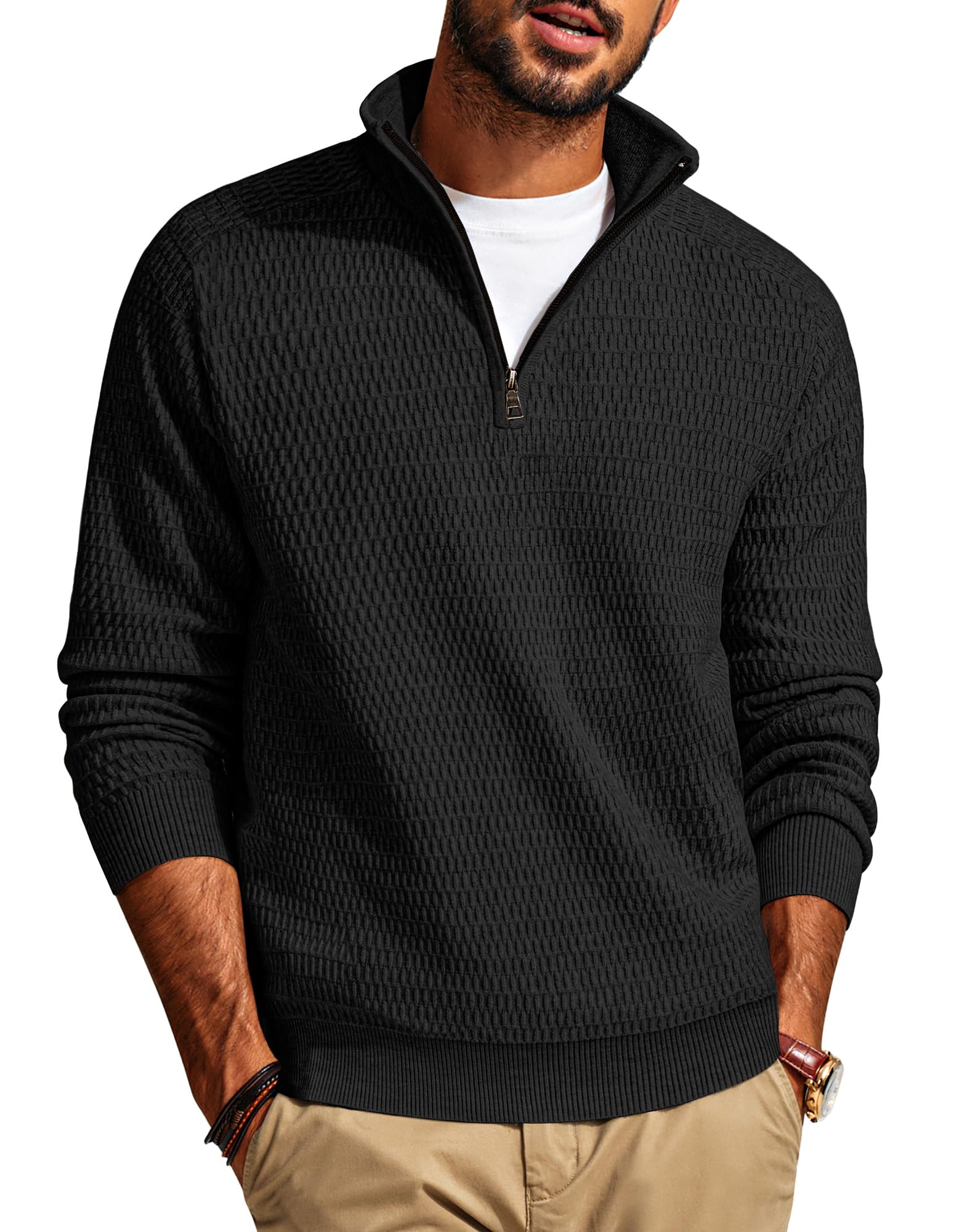 PJ PAUL JONES Jersey para hombre con cremallera, cuello alto, Negro , XL