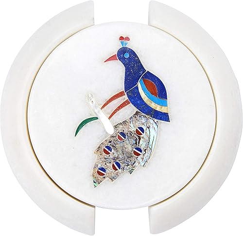 Queenza Posavasos de mármol para bebidas, juego de 6 posavasos para bebidas con soporte, arte de pavo real con incrustaciones de mármol, posavasos