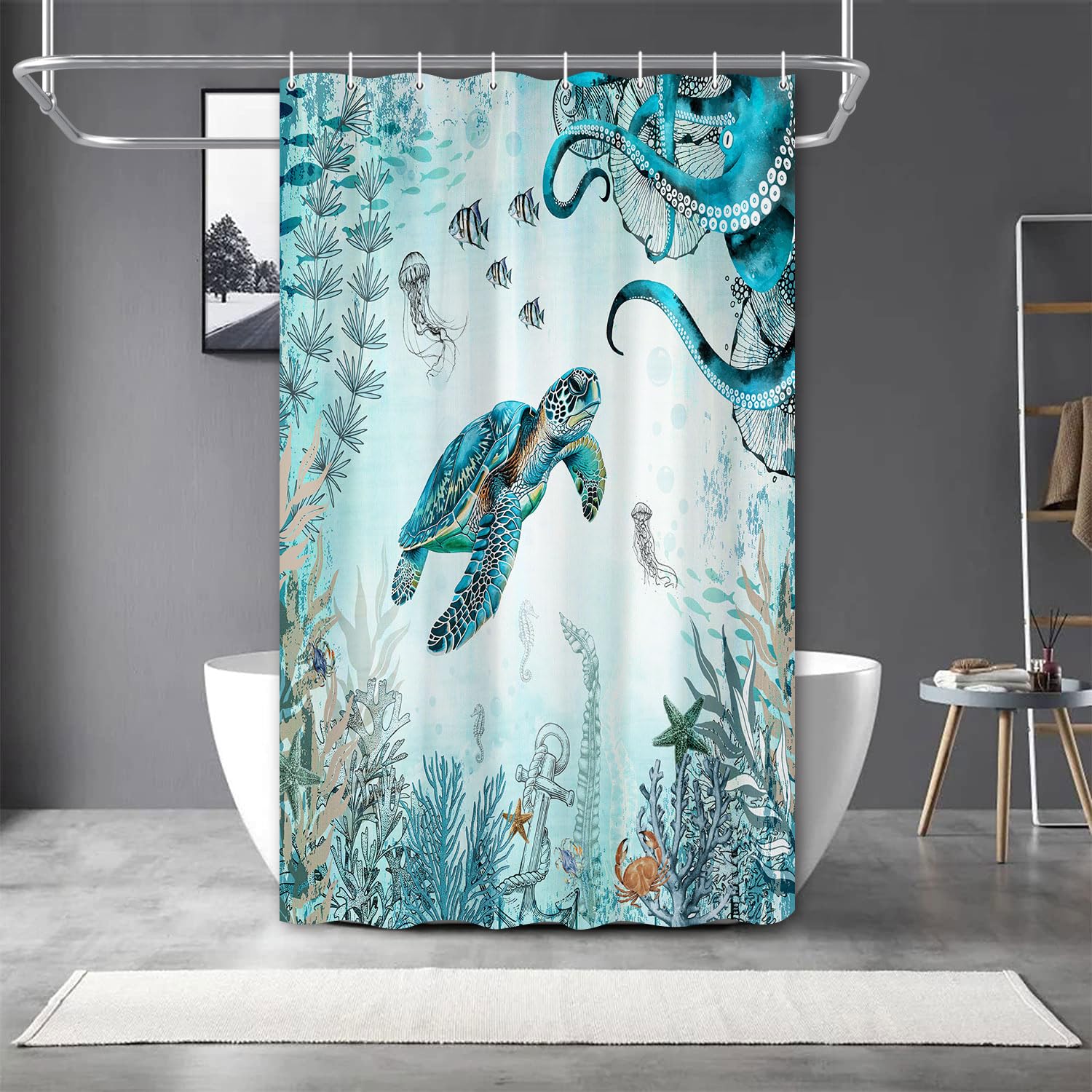 Wathon Sea Turtle Octopus Shower Curtain Blue Teal Ocean Bath Curtain Fish Underwater Animal Seashell Jellyfish Coastal Theme Bathroom Decor Set Hooks