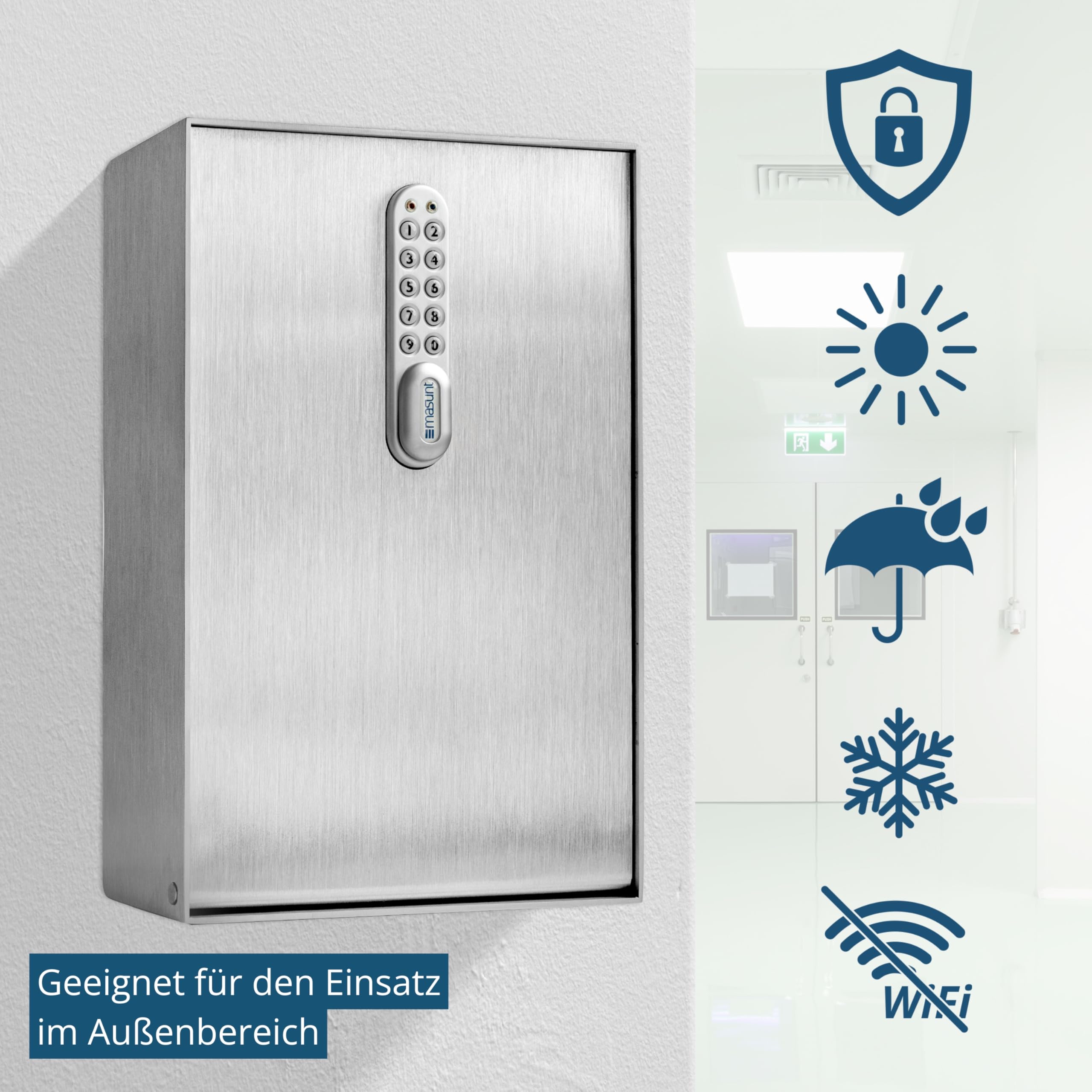 masunt Schlüsselkasten 2145 E Code | Schlüsseltresor mit innovativer Online-Codevergabe aus der Ferne | digitaler Schlüsselsafe aus massivem V4A Edelstahl | extra korrosionsbeständig für Seeklima
