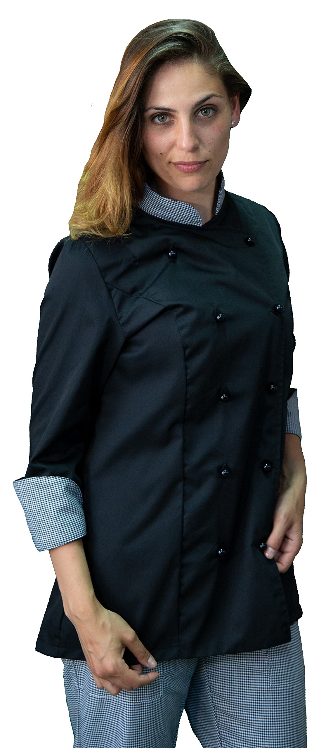 Ricamo Gratuito - Completo Cuoco da Cucina - Nero e Pied de Poule - Divisa Chef Donna per Ristoranti - Pantalone, Giacca e Grembiule - Made in Italy