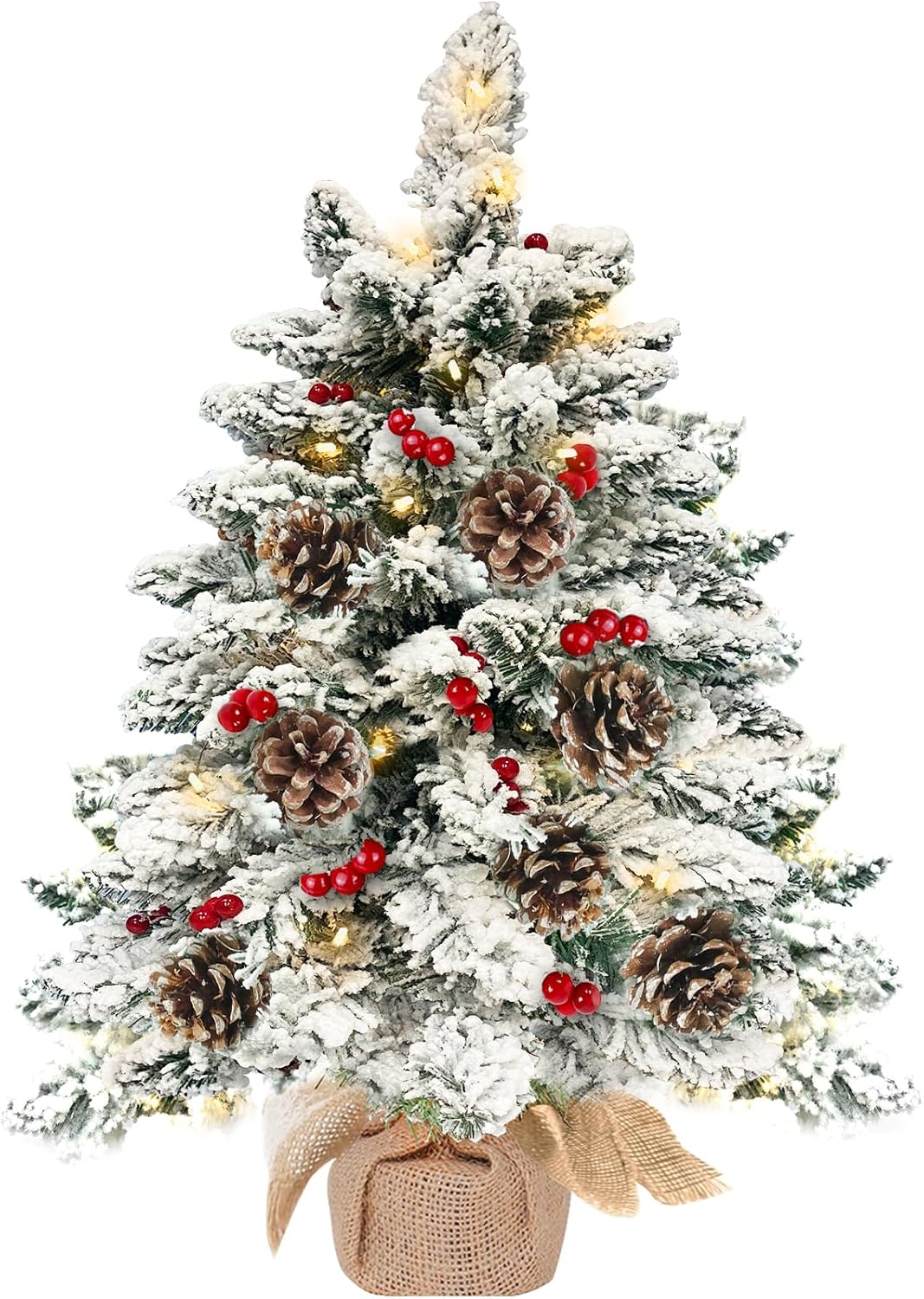24 Inch Snow Flocked Mini Christmas Tree with 40 Warm Lights Timer, 2Ft Small Tabletop Christmas Tree Battery Operated 42 Red Berry Pinecone Burlap Base Xmas Tree Indoor Home Table Fireplace Decor Flocked Tree