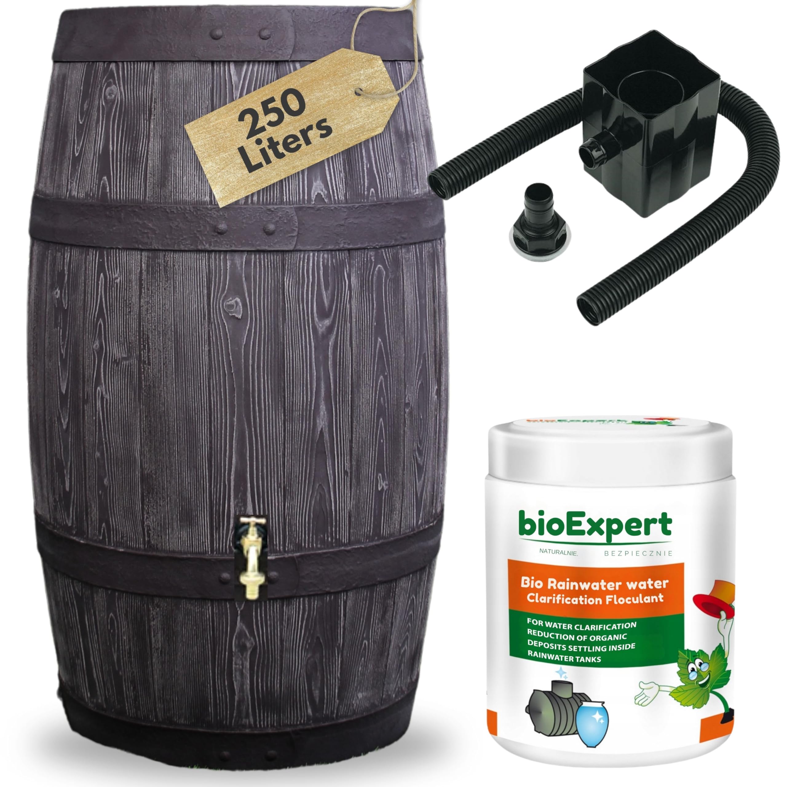 Novecrafto Wood Brown Rustic Oak Barrel Appearance Water Butt Kit With Tap, Diverter And Bio Cleaner - Plastic Rain Water Collector For Garden - H36.6 X D 25.6 In (93X65cm) Wood Texture Imitation In Brown 250L