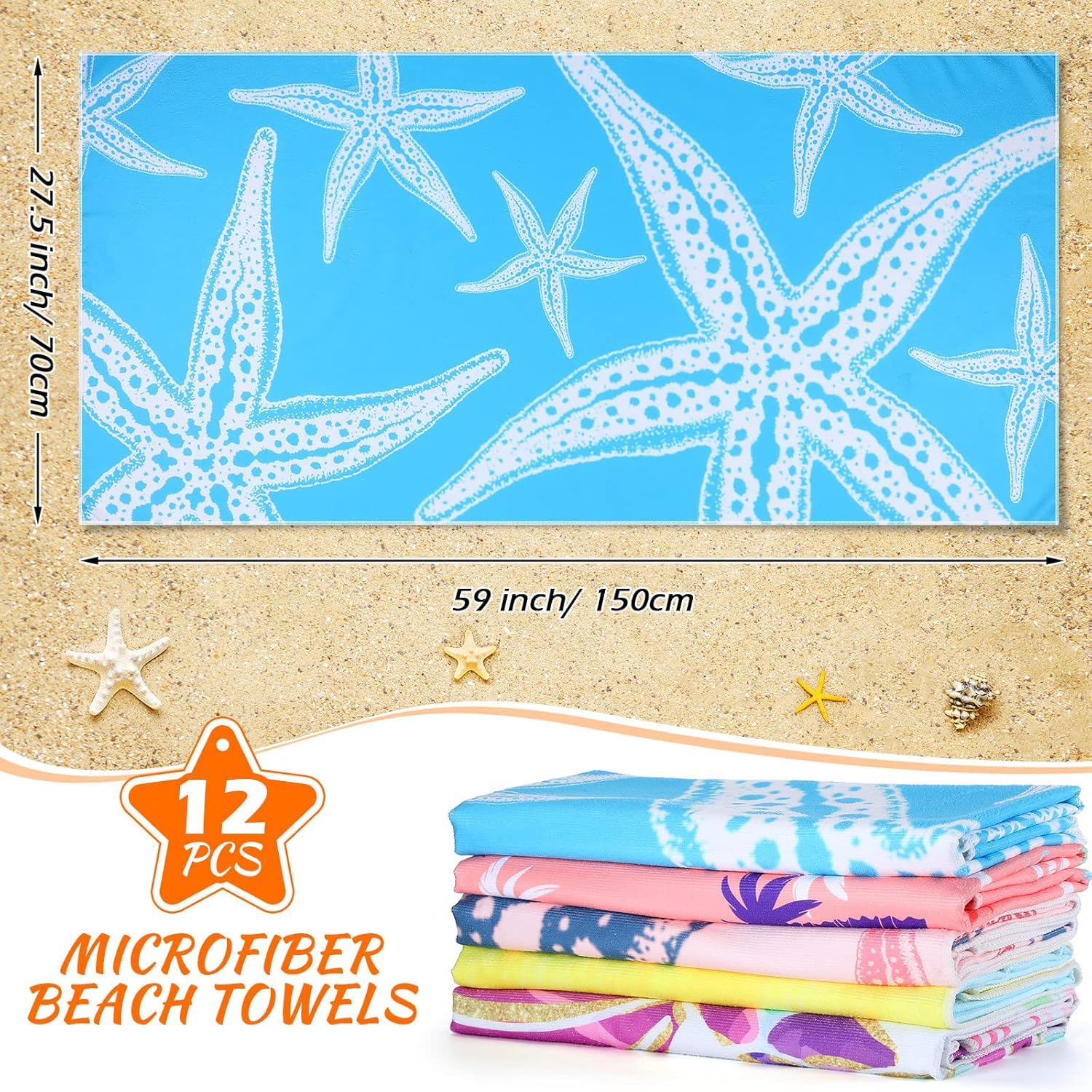 12-Pack Microfiber Beach Towels - Quick Dry, Lightweight, 59"x27.5", Assorted Colorful Patterns