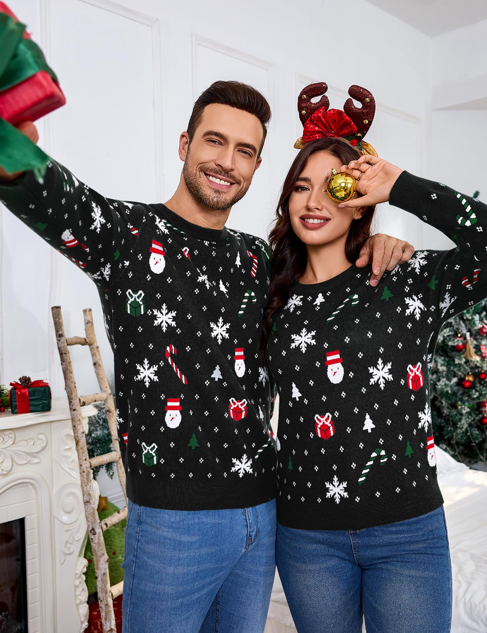 Aottori Weihnachtspullover Damen Herren Weihnachtspulli Familie Set Rundhals Langarm Strickpullover Christmas Unisex Weihnachten Pullover Warm mit Schneeflocken Muster