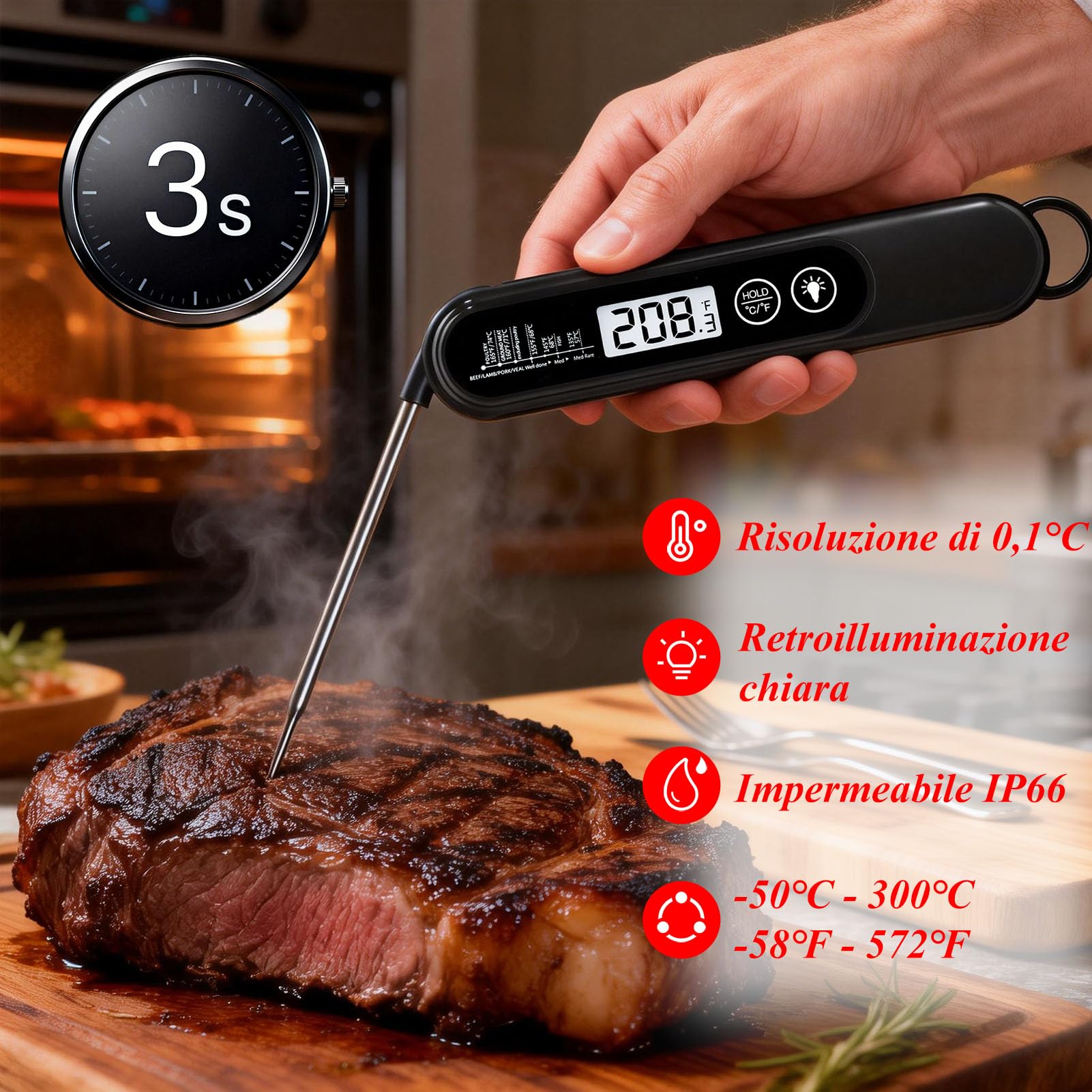 Charmline Termometro di alta precisione, precisione ± 1 °C, termometro per carne, cottura e grigliate, display LCD ad alta risoluzione con retroilluminazione