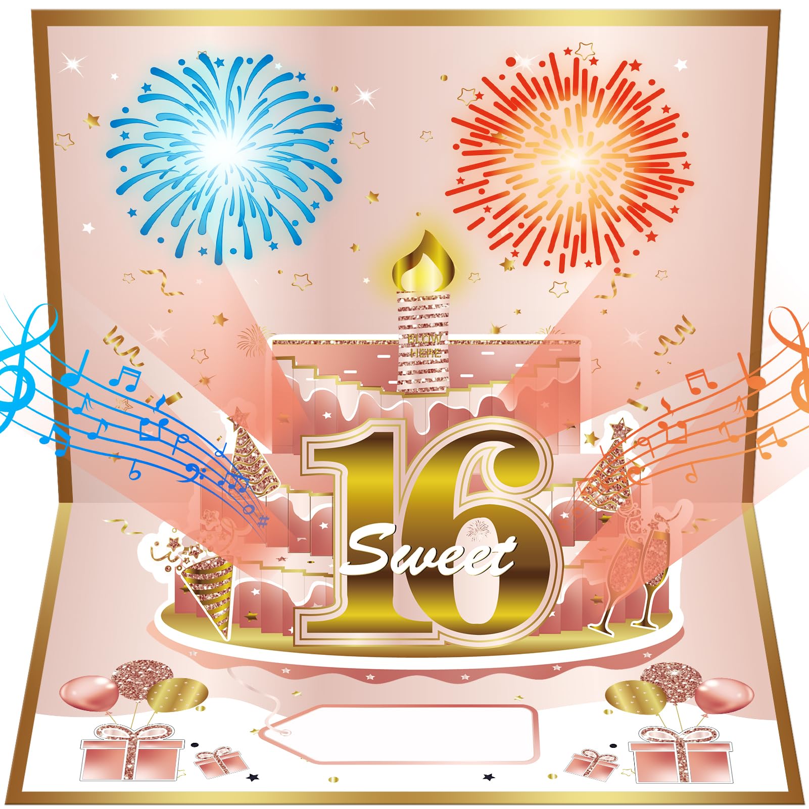 Turypaty Sweet 16th Birthday Cards Pop Up 3D Cake – Feuerwerk & Musik & Ausblaskerze Licht Lustige Happy 16 Party Dekorationen, Roségold 16. Geburtstag Karte Geschenke für Mädchen, Freunde, Tochter