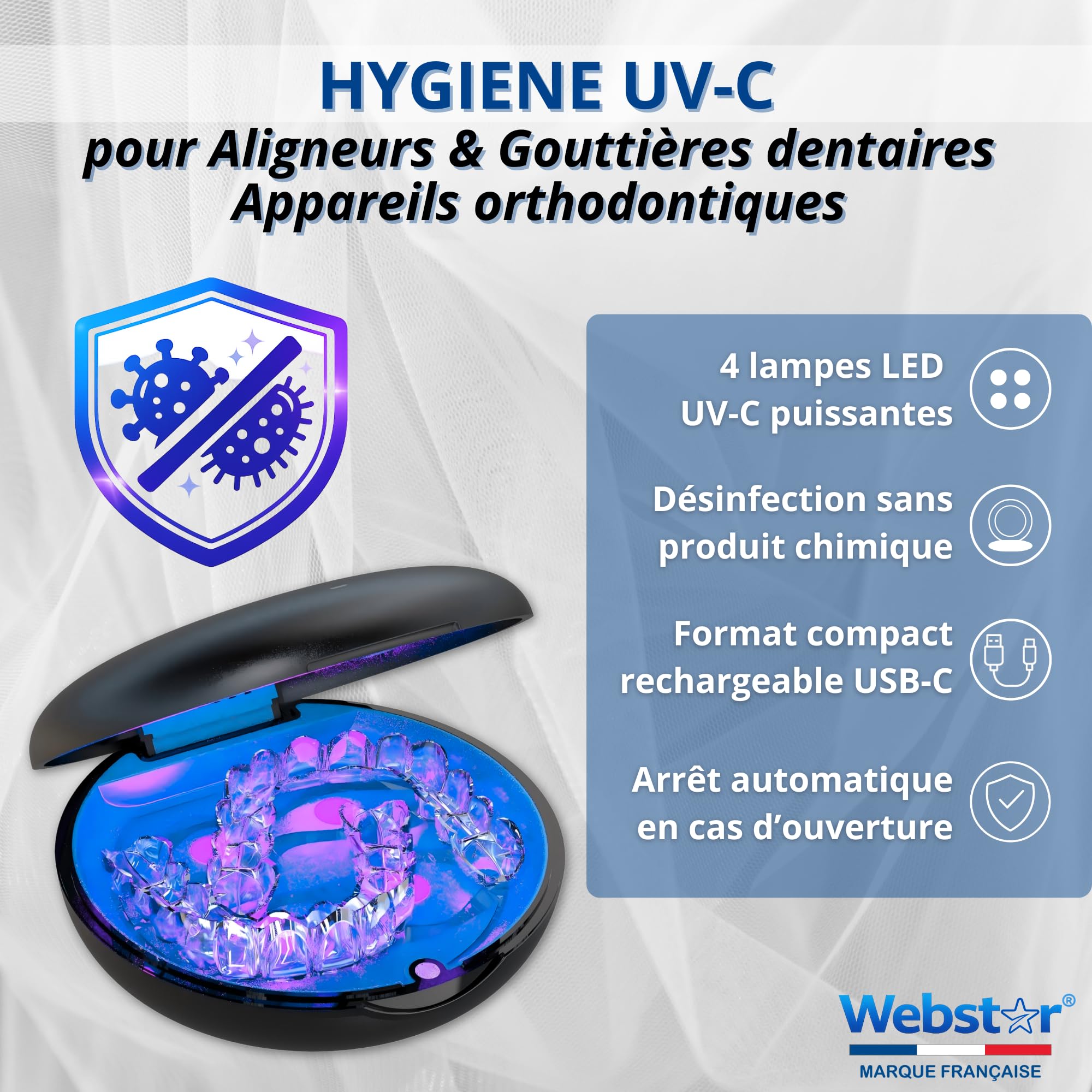 Webstar Tech® Etui UV pour Aligneurs | Elimine Virus Bactéries et Odeurs | Gouttières dentaires | Désinfectant UV appareils orthodontiques | Bac Aligneurs Invisalign | Boite Désinfectante Invisalign