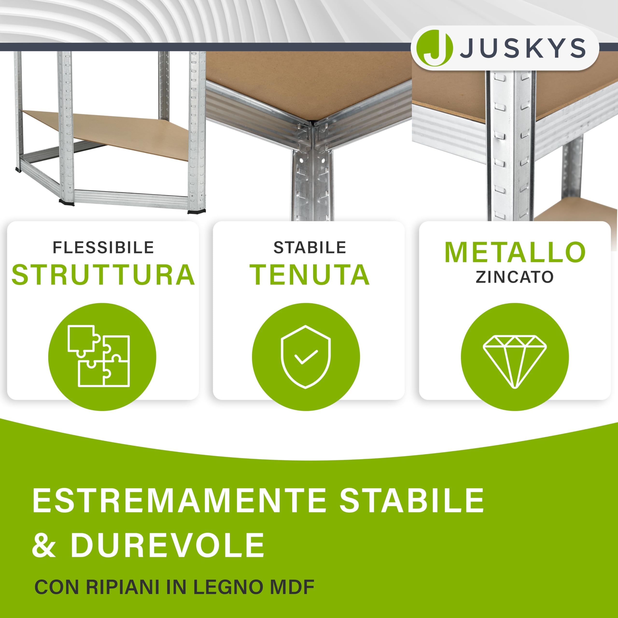 Juskys Scaffale angolo Corner Easy 160 x 75 x 40-75 cm | 320 kg | 4 ripiani in legno MDF | Metallo zincato | Scaffale per carichi pesanti e cantine