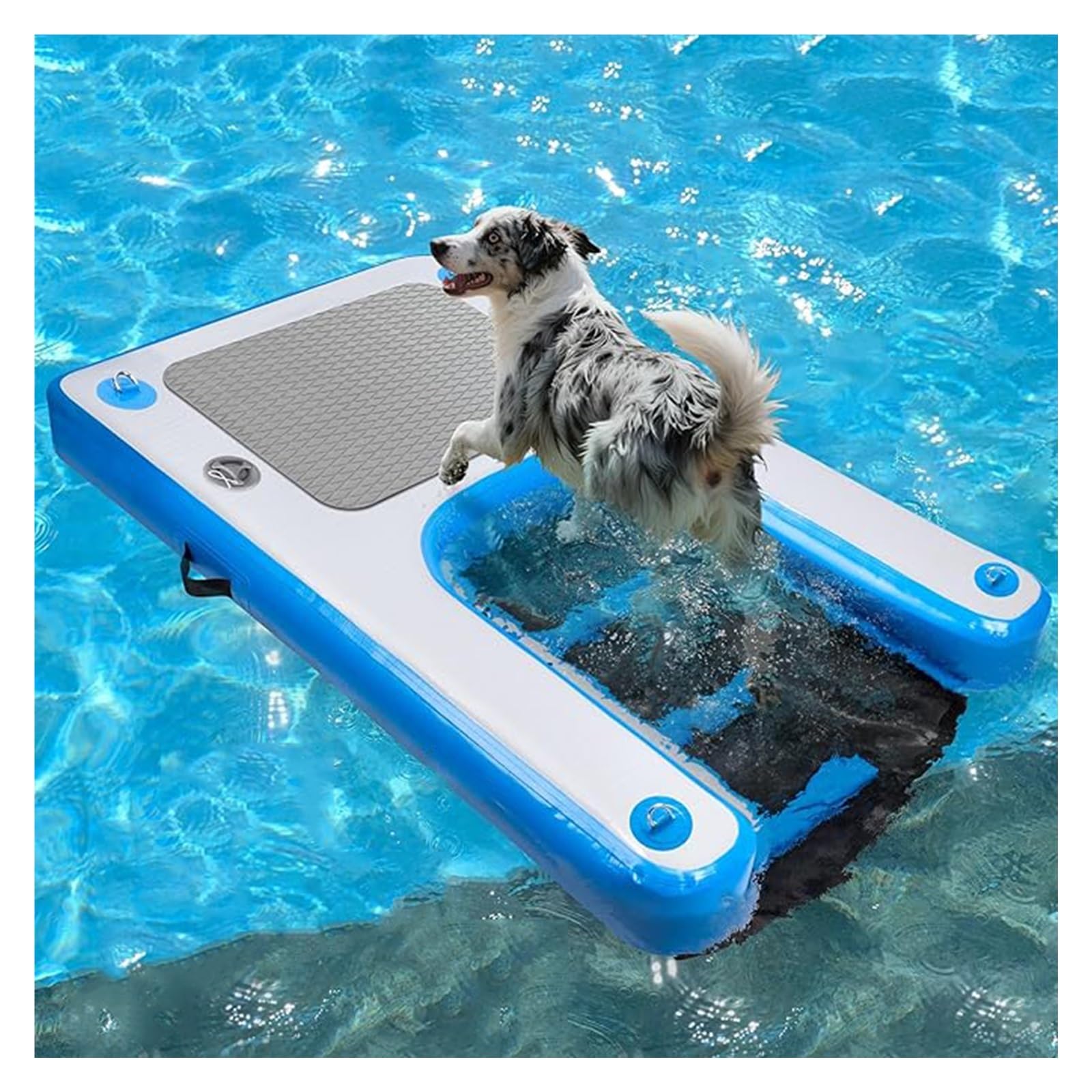 rampa de agua para perros Muelle flotante para barcos con rampa para perros, rampa de agua para perros con escalón y espuma EVA antideslizante, plataforma de muelle inflable para playas y yates.(Blue)
