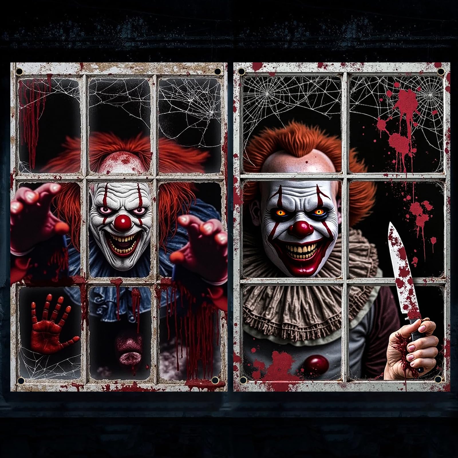 Qylazune Green 2Pcs Halloween Decorations Clown Curtain Background Killer Clown Decorations, Scary Horror Window Clings, Haunted House Props For Indoor Outdoor Halloween Party, Spooky Trick Or Treat Decor