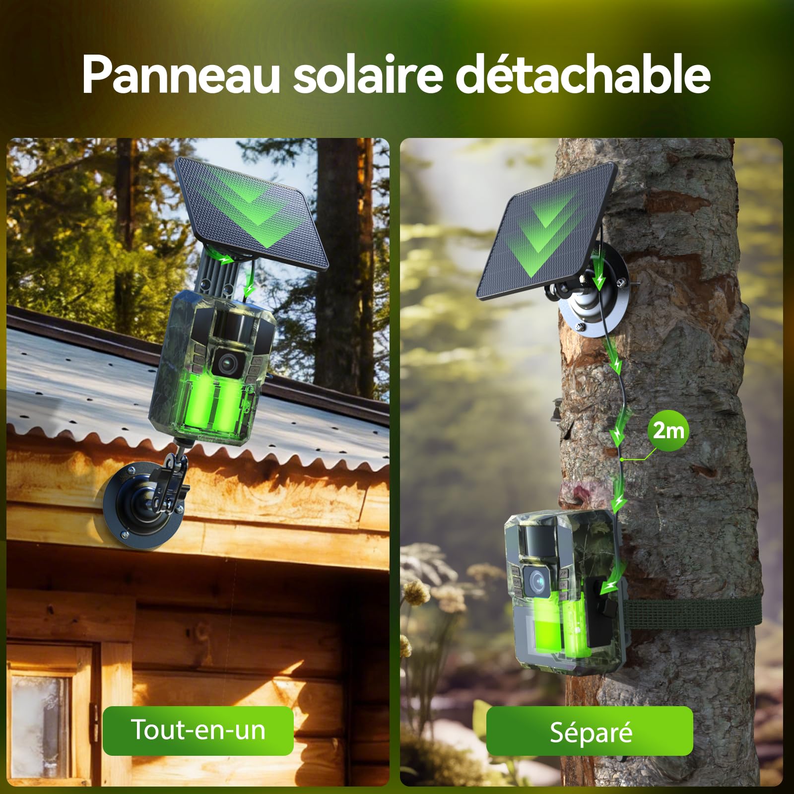 DEATTI WiFi Solaire Camera de Chasse 4K 48MP Caméra de Chasse Connectée au Téléphone Infrarouge Vision Nocturne, Piege Photographique avec 5200 mAh Batterie Rechargeable, IP65 (Carte SD Non Incluse)