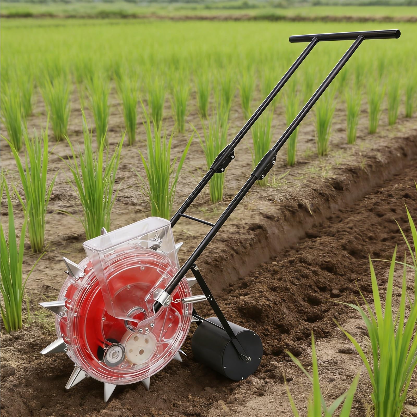 Semoir Manuel À Pousser, Semoir De Jardin À Roue pour Semis en Ligne, avec Becs en Acier Inoxydable Et Réservoir À Graines Transparent, Semoir À Rouleau pour Maïs(10 nozzles)