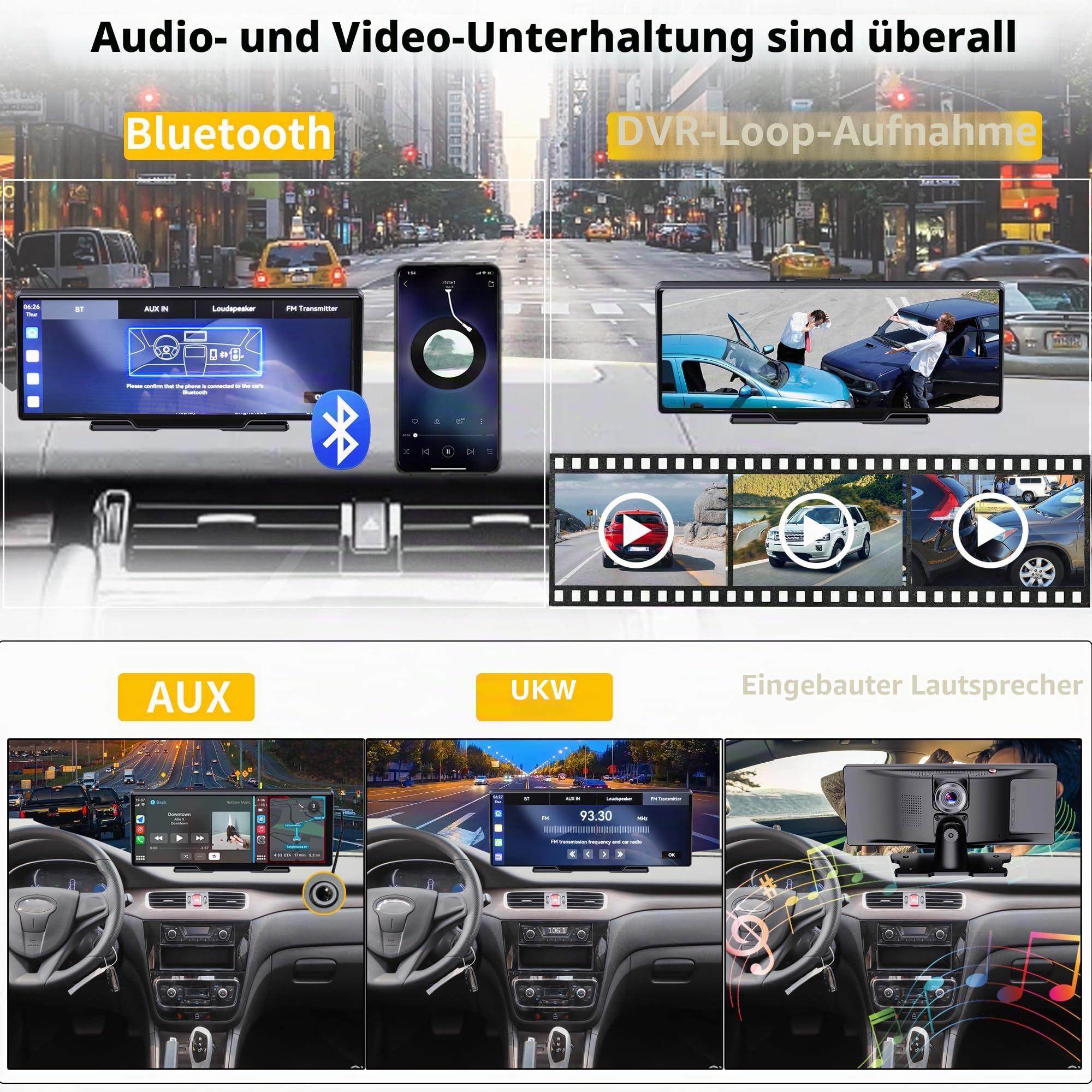 10,3" Tragbares Autoradio Wireless CarPlay Android Auto 4K Dash Cam