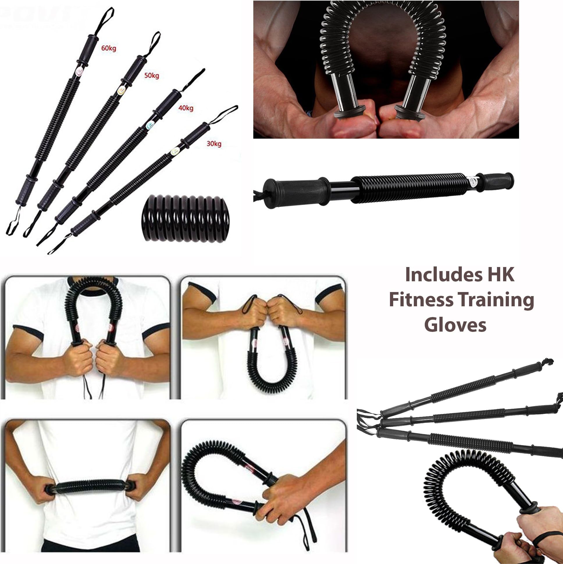 HK Heavy Duty FLEXIBLE POWER TWISTER -Stretch & Bend Spring Exercise Bar, Shoulder, Arms, Chest & Abs, INCLUDES HK Fitness Gloves (50KG)