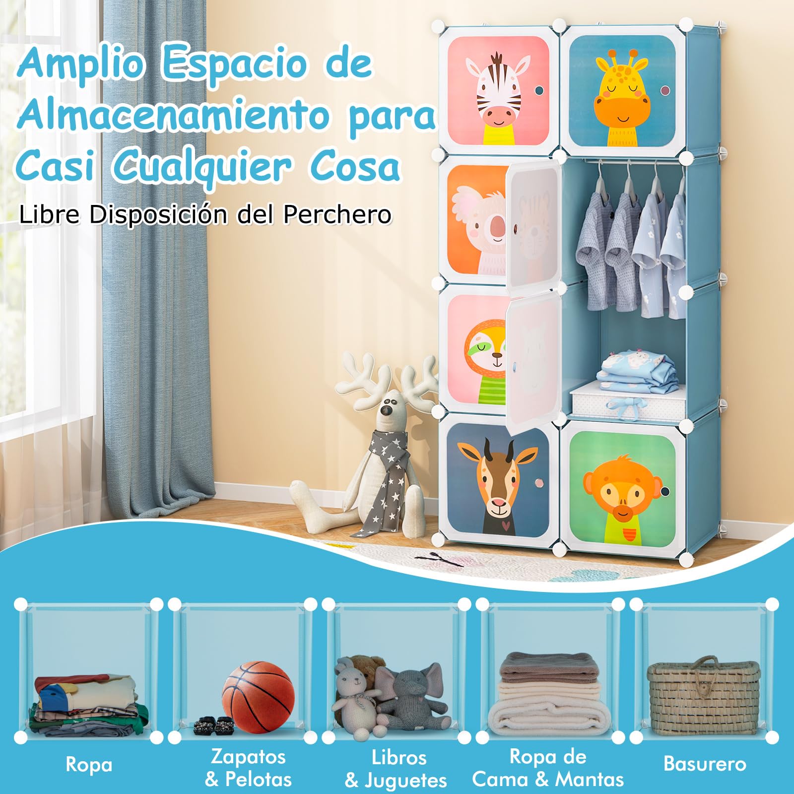 GOPLUS Armario Modular Infantil 8 Cubos Plásticos 35×35 cm Almacenaje Juguetes Barra Suspensión 75x35x145 cm Azul