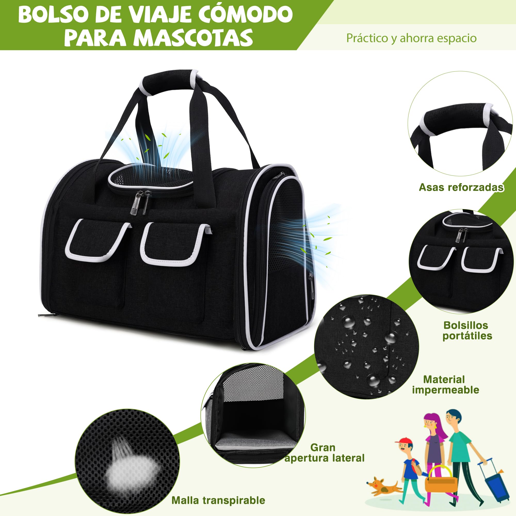 ALLSOPETS Mochila Plegable para Gatos Grandes y Perros Pequeños, Transportín Transpirable con Cojín Extraíble y Bolsillos, Mochila de Viaje para Mascotas hasta 10 kg (Negro Tinta, L)