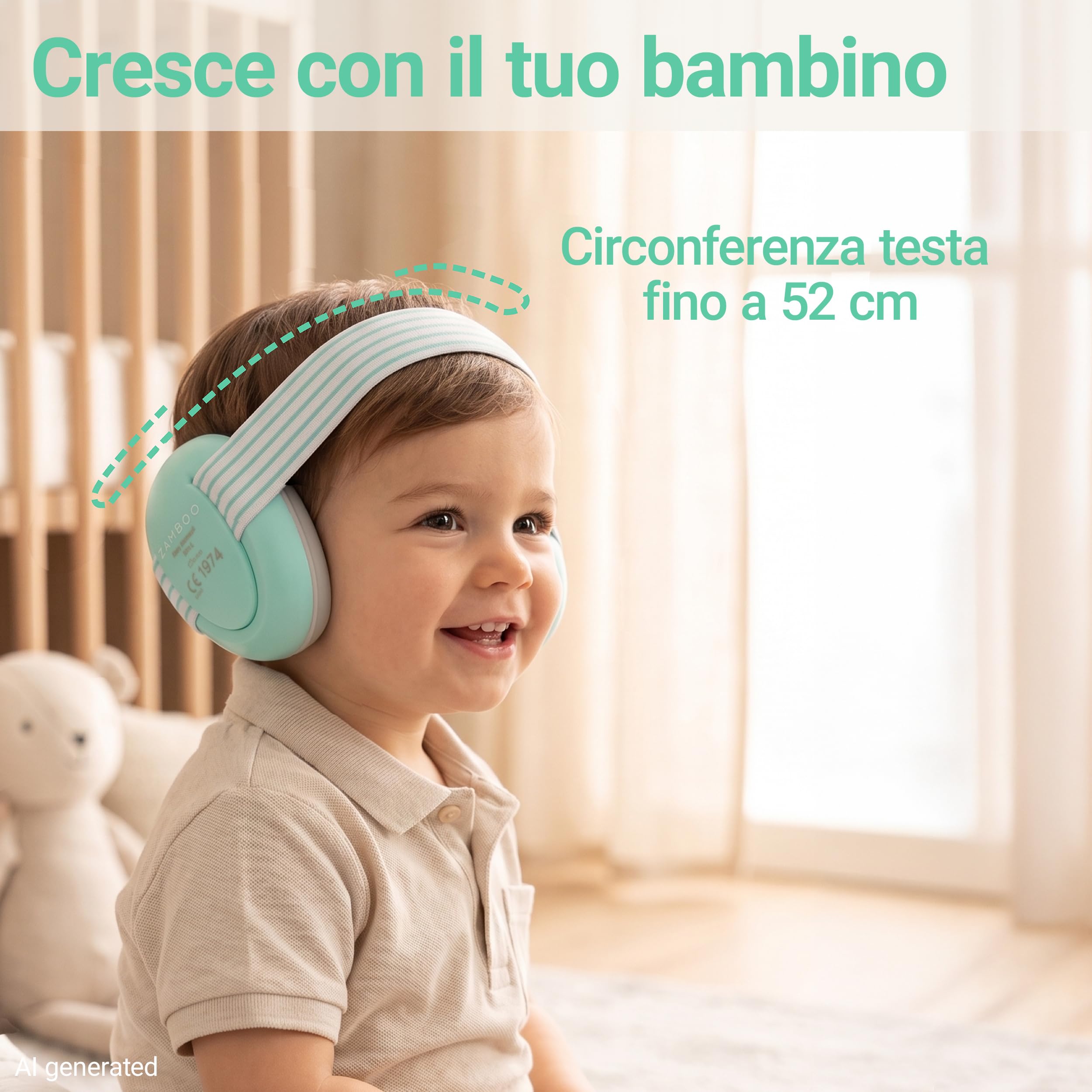 Zamboo Cuffie Antirumore Bambini da 12 Mesi - Protezione Udito Neonato Regolabile per Aereo, Concerti, Festival, Fuochi d’Artificio ed Eventi Sportivi, EN 352-1, Menta