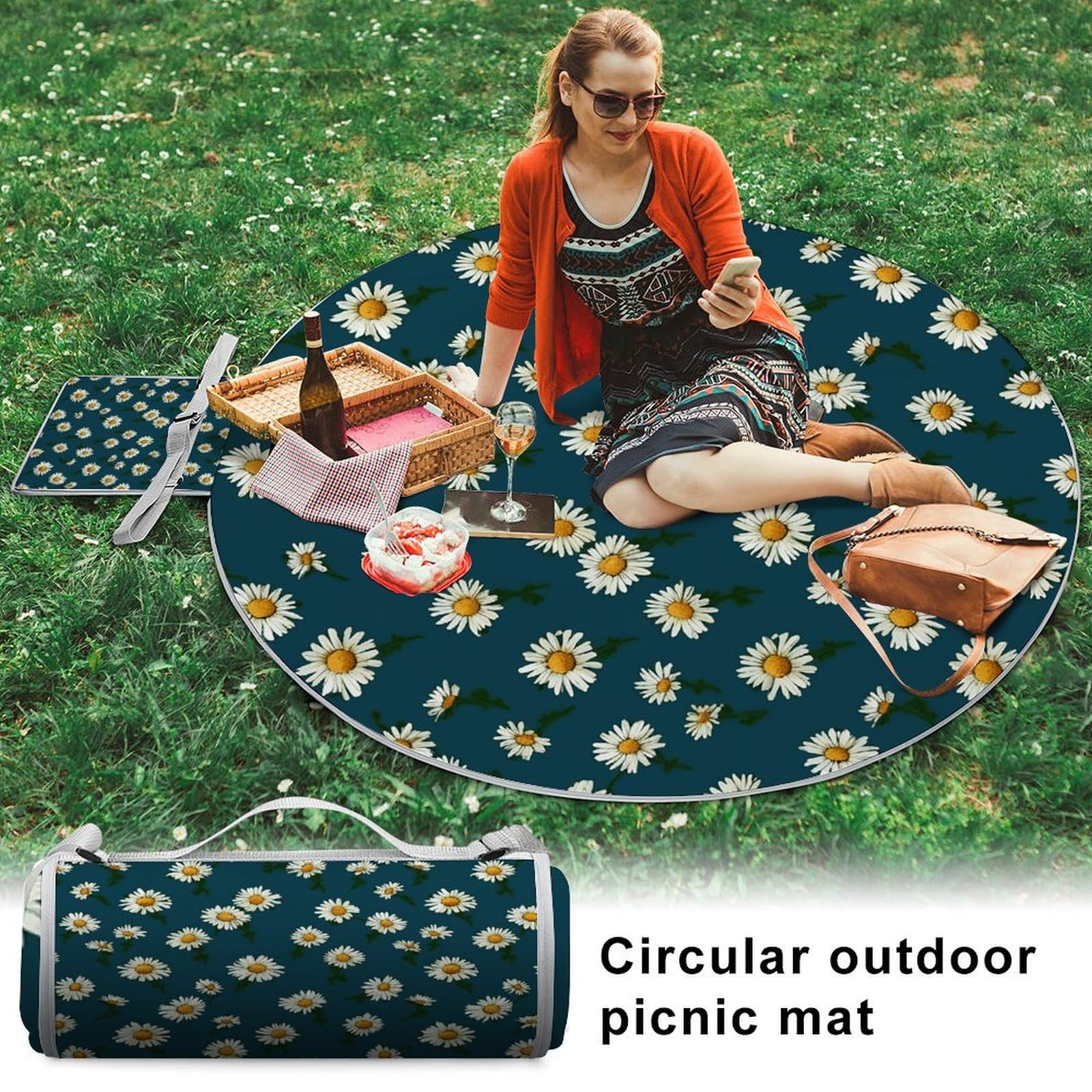 Mantas pequeñas de pícnic de margaritas, redondas, plegables, ligeras, impermeables, para exteriores, para primavera, verano, camping, parque, viajes, hierba