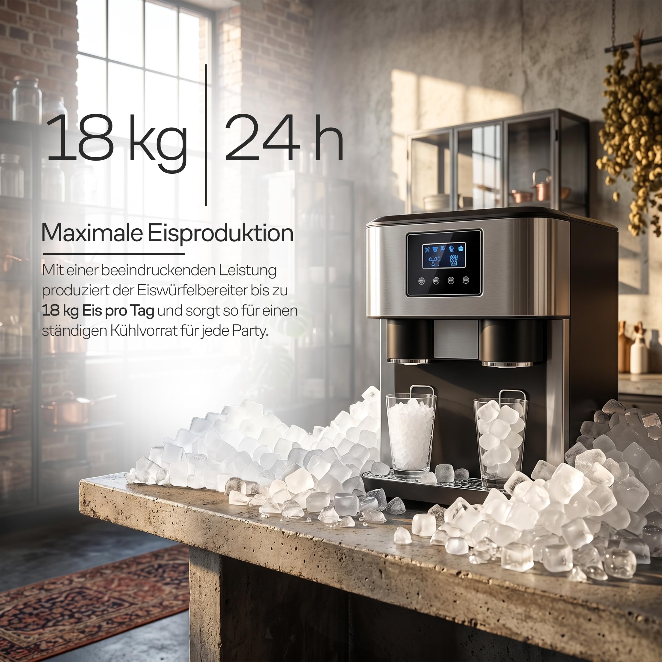 Retoo Premium 3 in 1 Eiswürfelmaschine mit Crushed Ice & Wasserspender, 18kg/24h, 16 Eiswürfel in 8–10 Min, Ice Maker für Cocktails, Whisky & Zuhause, Touchpanel, 2 Eisgrößen