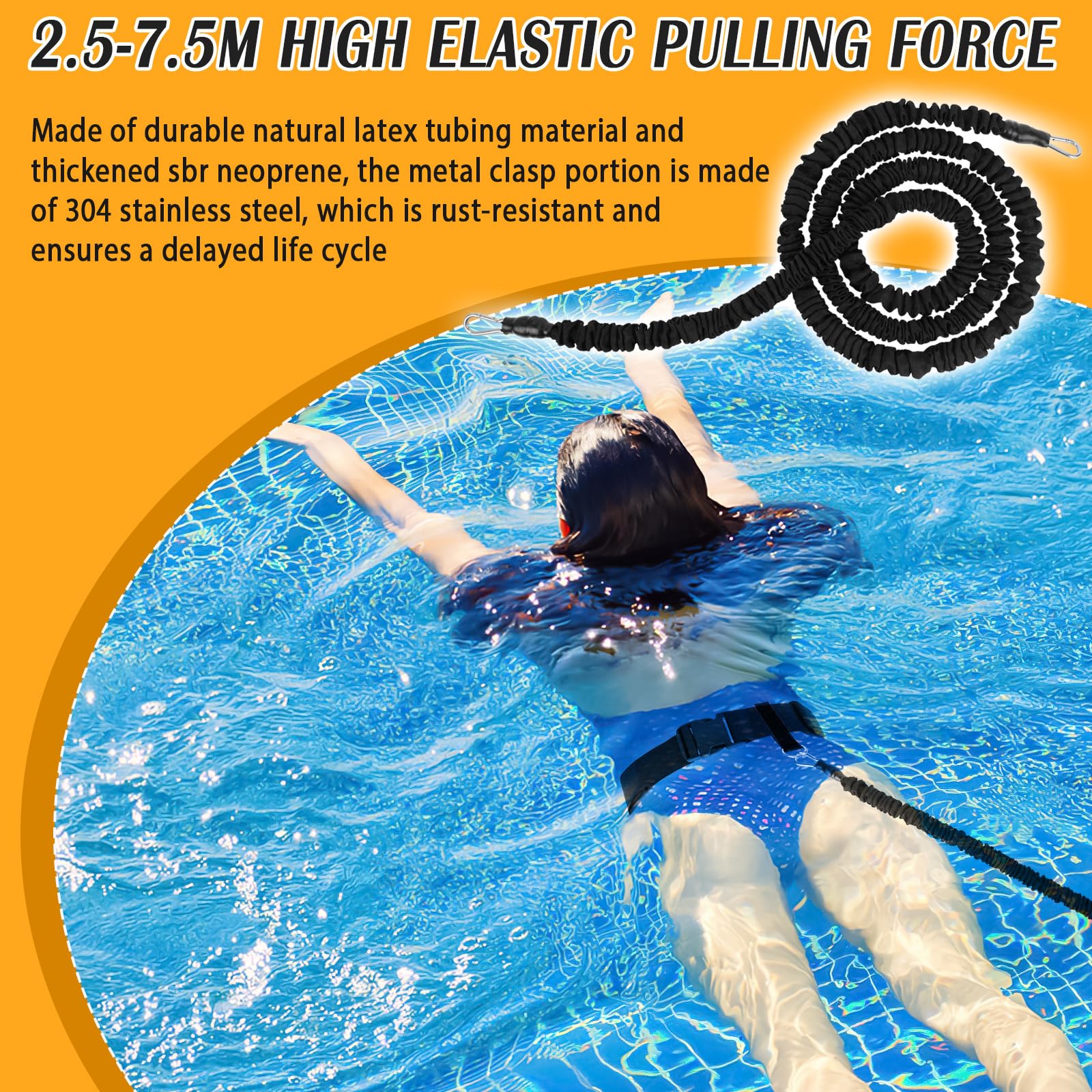 Ceinture de Natation, 2.5-7.5M Elastique de Nage Piscine Réglable, Ceinture Natation Adulte pour Apprentissage/Formation, Élastique de Nage Piscine pour toutes les Piscines sans Système Contre-courant