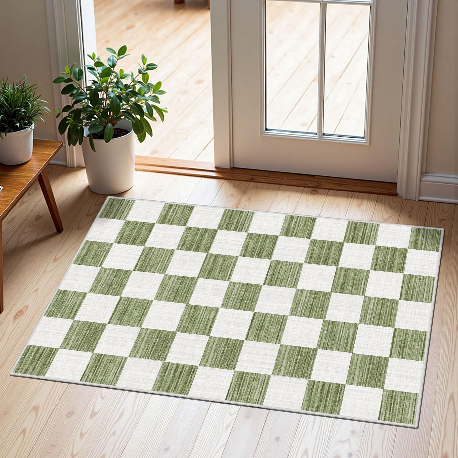 Othilic Front Door Mat Outside Entrance - 2x3 Green White Non-Slip Washable Doormat Indoor Outdoor Mat Entry Rug Geometric Checkered Small Layered Area Rug for Entryway Kitchen Front Porch Decor — image 1